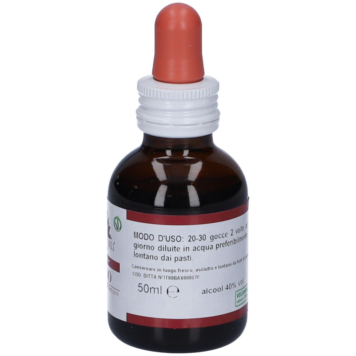 Flacone di vetro marrone con contagocce rosso. Etichetta con testo: Istruzioni per l'uso, 50ml.
