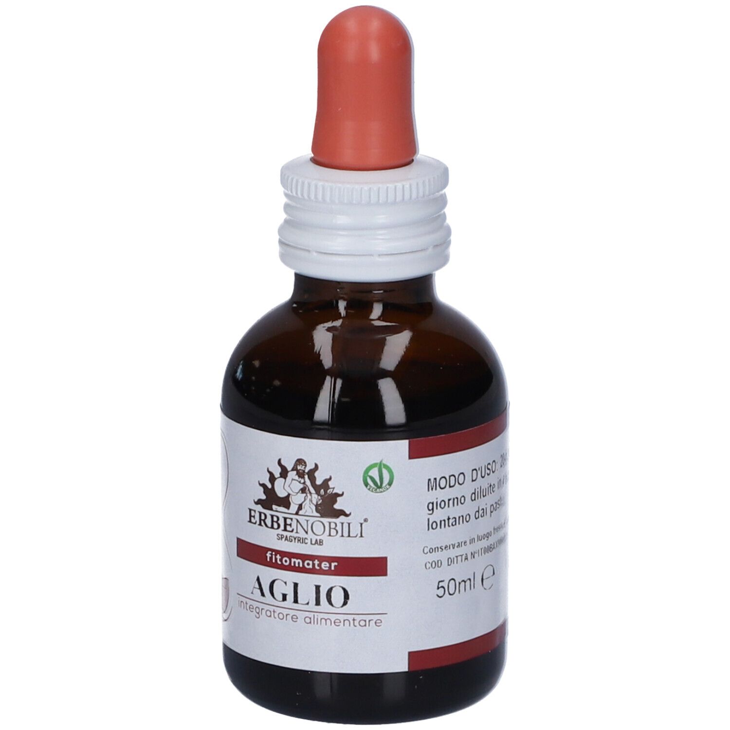 Flacone di vetro marrone con contagocce rosso. Etichetta con testo: Aglio, 50ml, vegan.