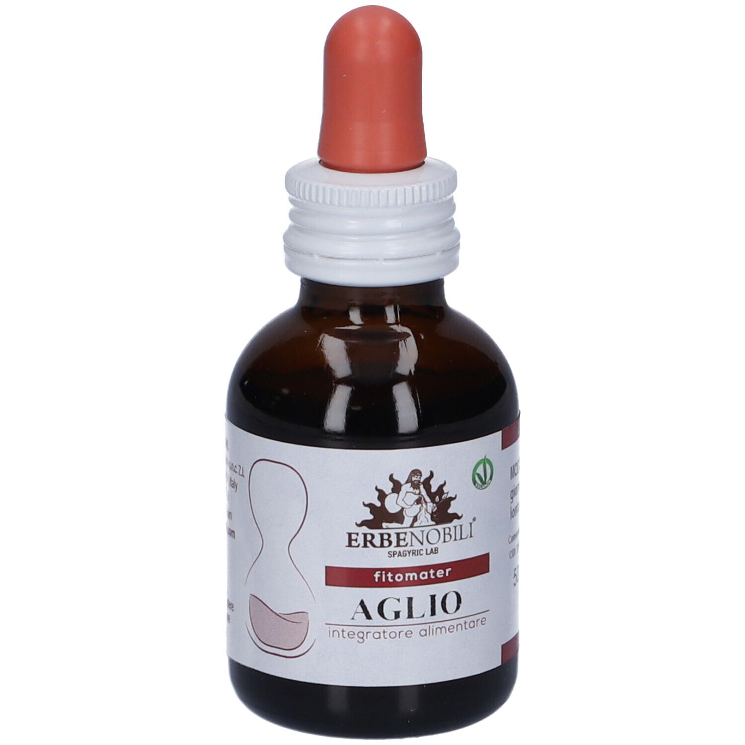 Flacone di vetro marrone con contagocce rosso. Etichetta con testo: Aglio, 50ml, vegan.