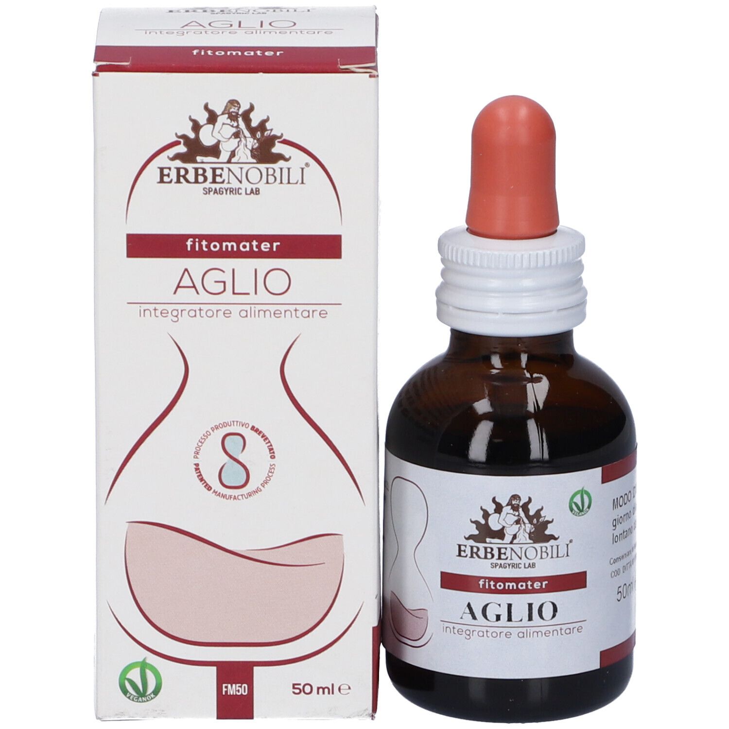 Confezione del prodotto: flacone e scatola. Flacone con contagocce rosso. Scatola con testo: Aglio, 50ml.