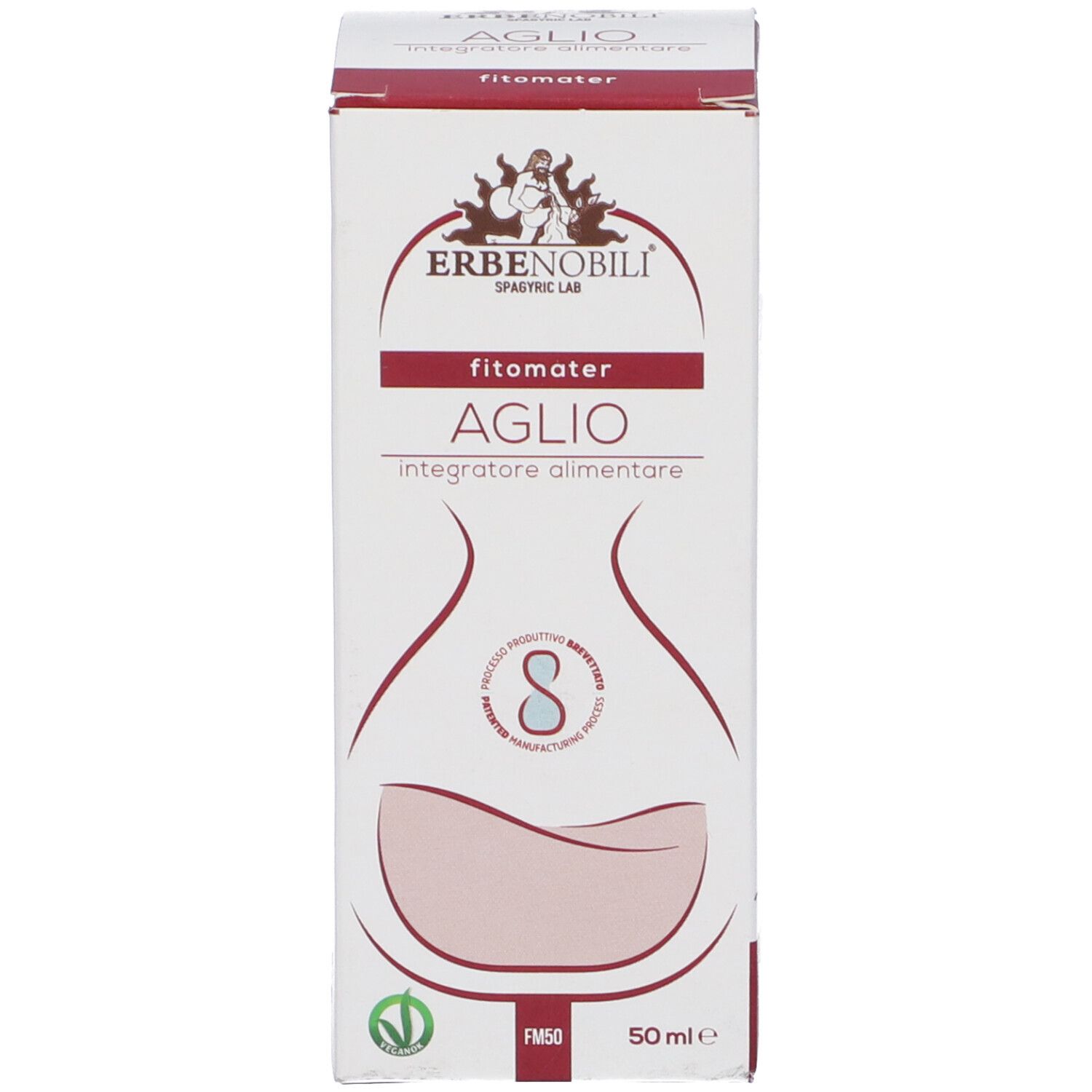 Scatola di Fitomater Aglio. Bianco con accenti rossi. Testo: Aglio, 50ml, vegan.