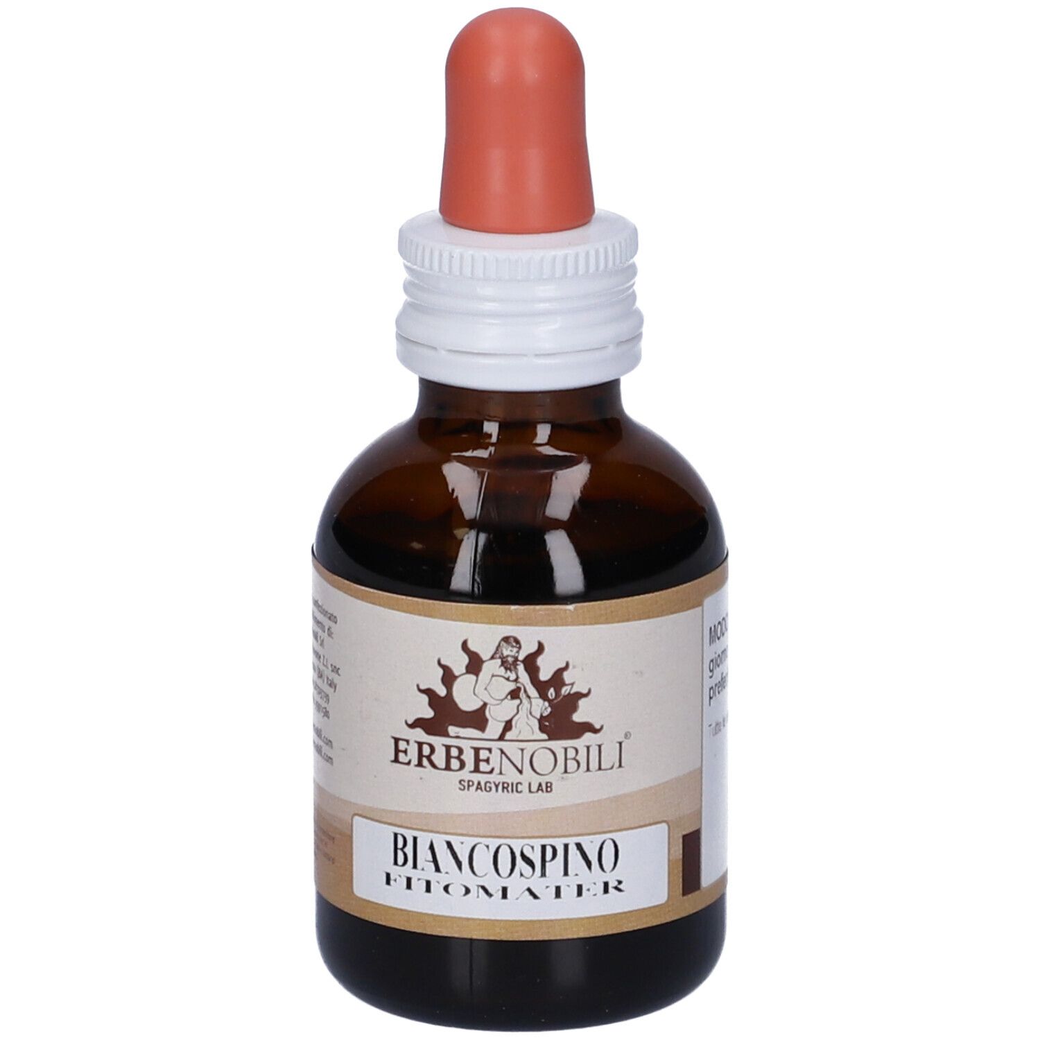 Flacone di vetro marrone con contagocce. Etichetta con nome e logo del prodotto. Testo: Biancospino, FitoMater.