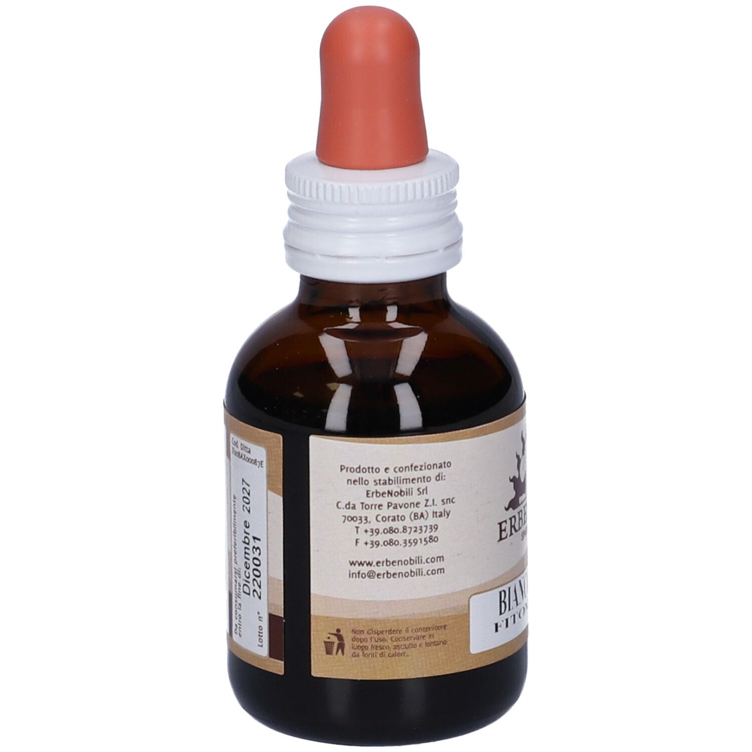 Flacone di vetro marrone con contagocce. Etichetta con informazioni sul prodotto. Testo: Biancospino, FitoMater. Scadenza.