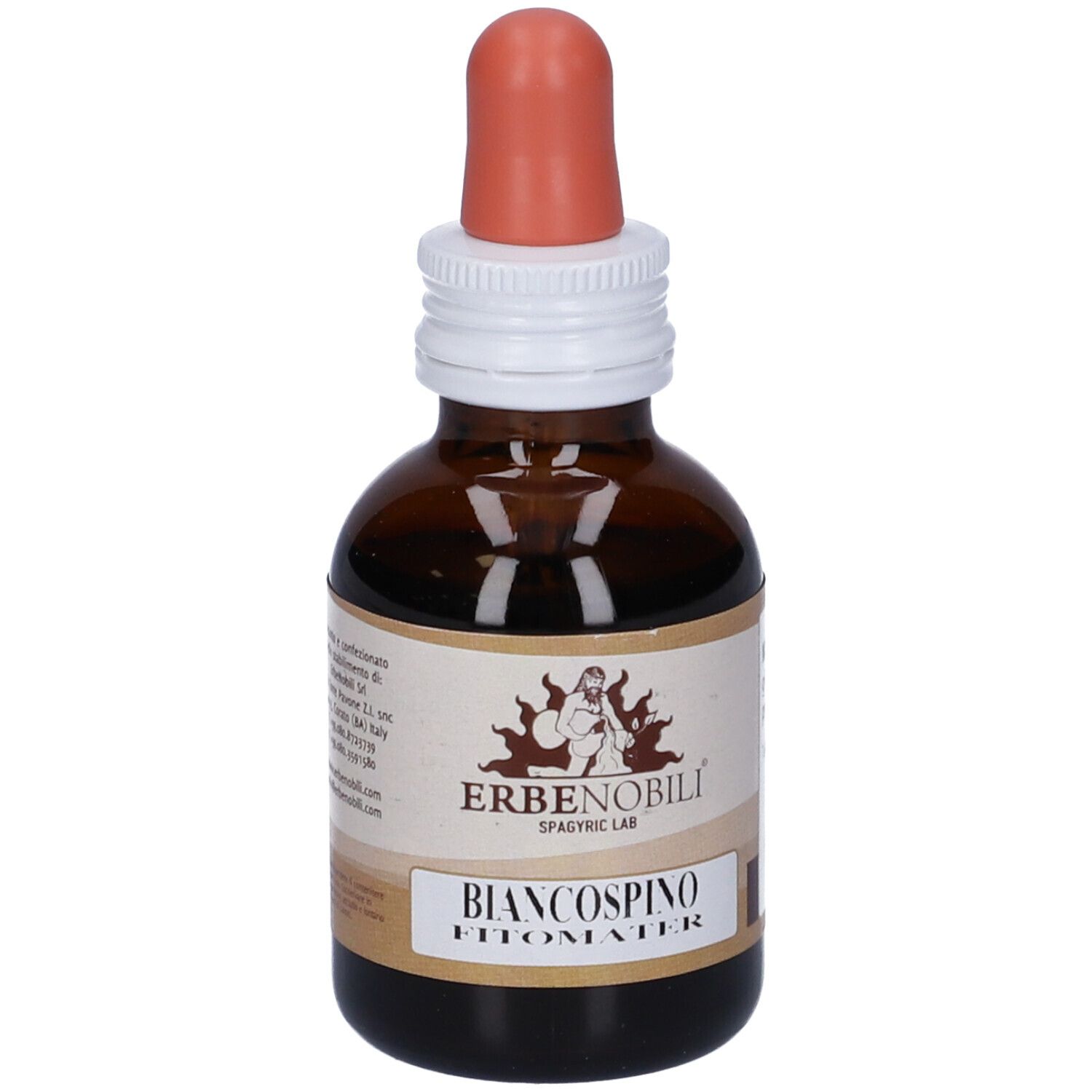 Flacone di vetro marrone con contagocce. Etichetta con informazioni sul prodotto. Testo: Biancospino, FitoMater.