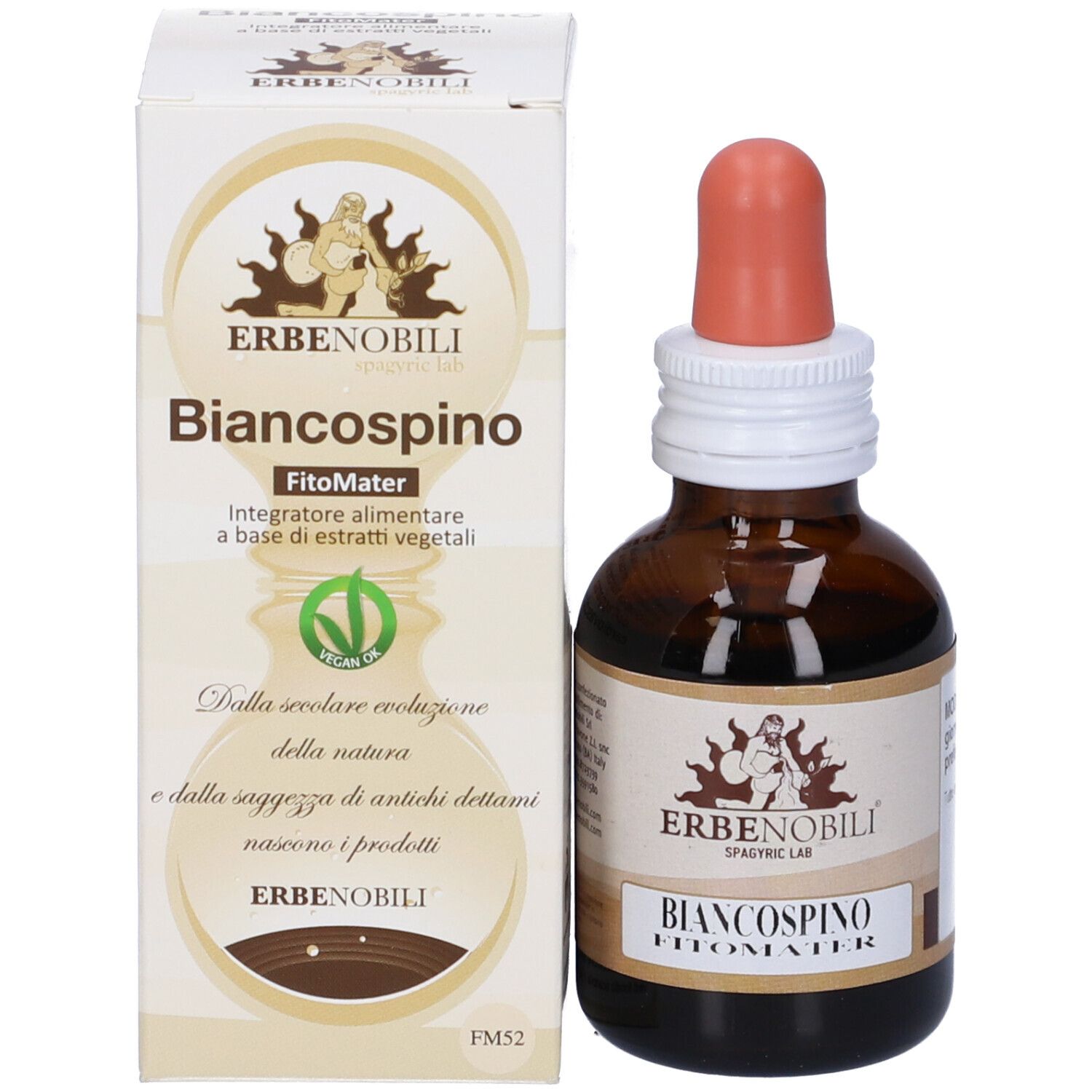 Flacone e confezione del prodotto. Flacone marrone con contagocce e scatola bianca. Testo: Biancospino, FitoMater.