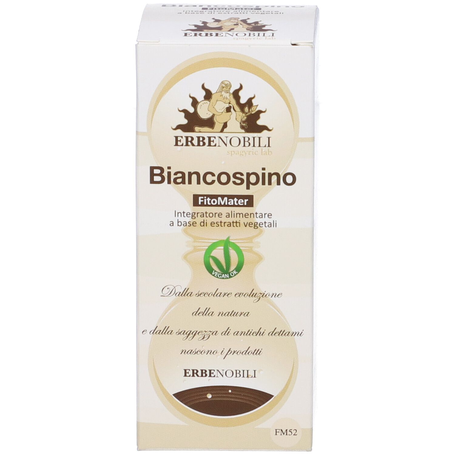 Scatola bianca con nome e logo del prodotto. Testo: Biancospino, FitoMater. Sigillo vegano.