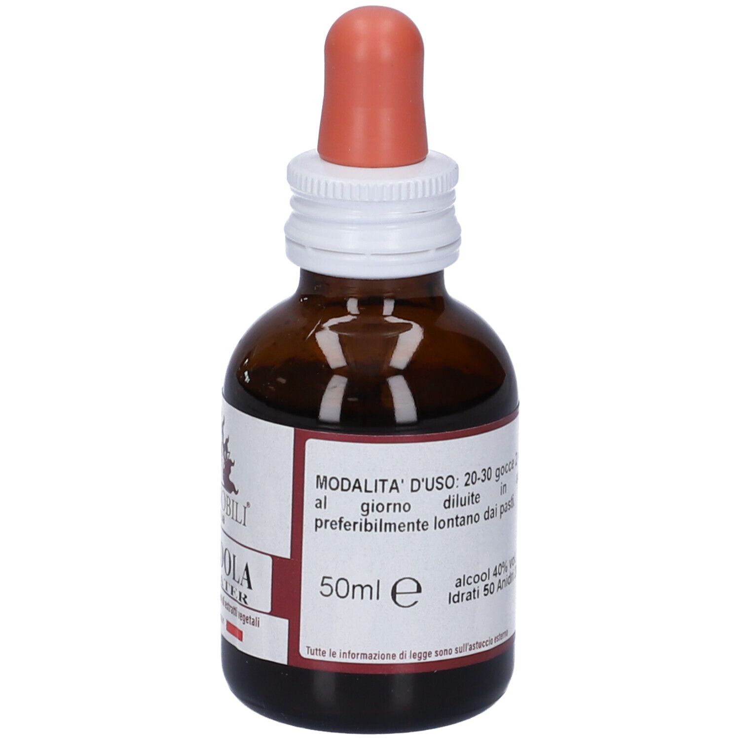 Flacone di vetro marrone con contagocce. Marchio: Erbenobili. Testo: Calendola Fitomater. Made in Italy. 50ml.