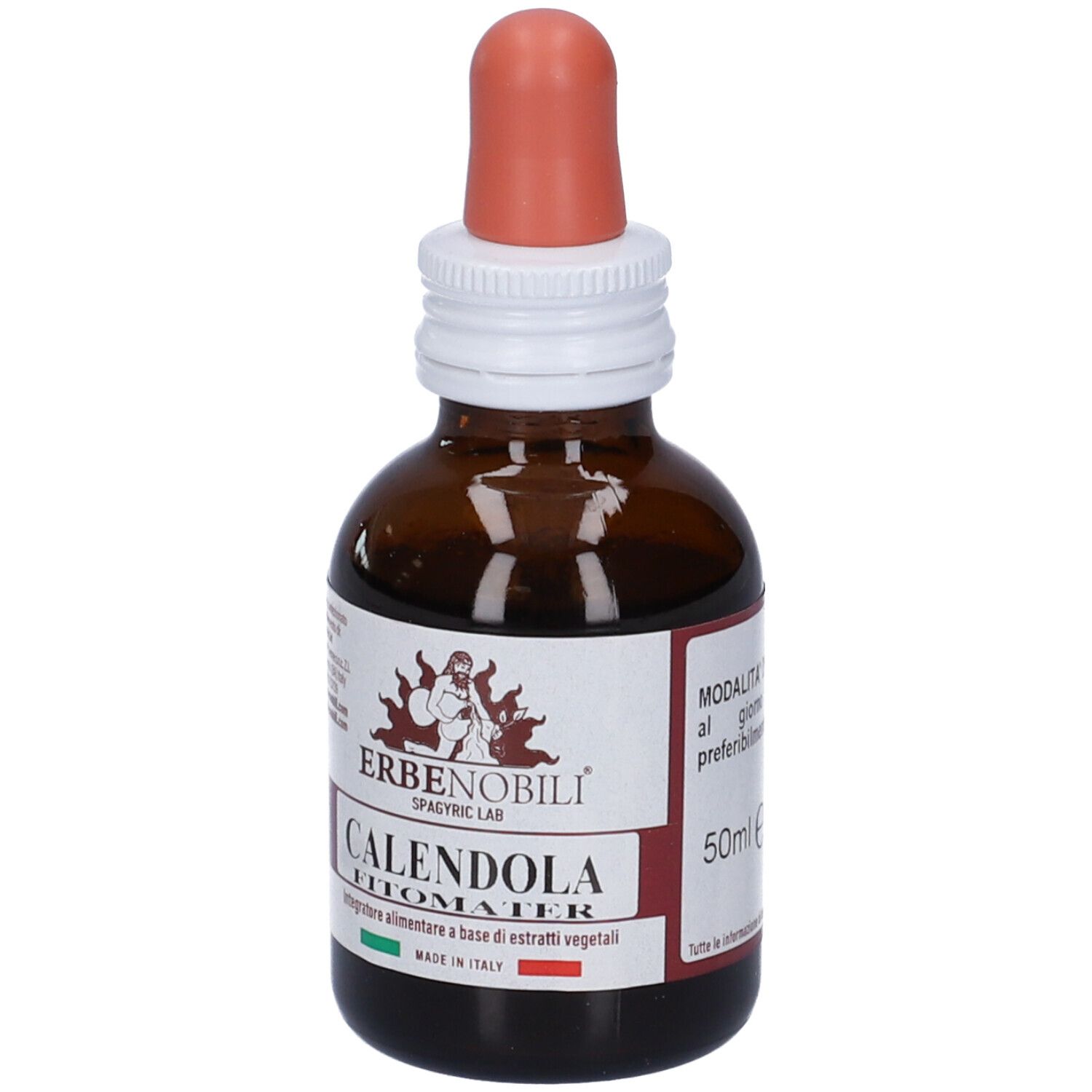 Flacone di vetro marrone con contagocce. Marchio: Erbenobili. Testo: Calendola Fitomater. Made in Italy. 50ml.
