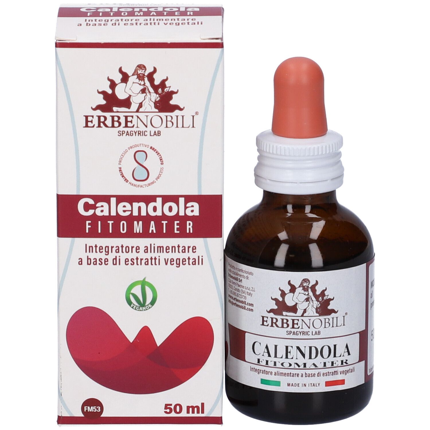 Confezione del prodotto e flacone con contagocce. Marchio: Erbenobili. Testo: Calendola Fitomater. 50 ml.