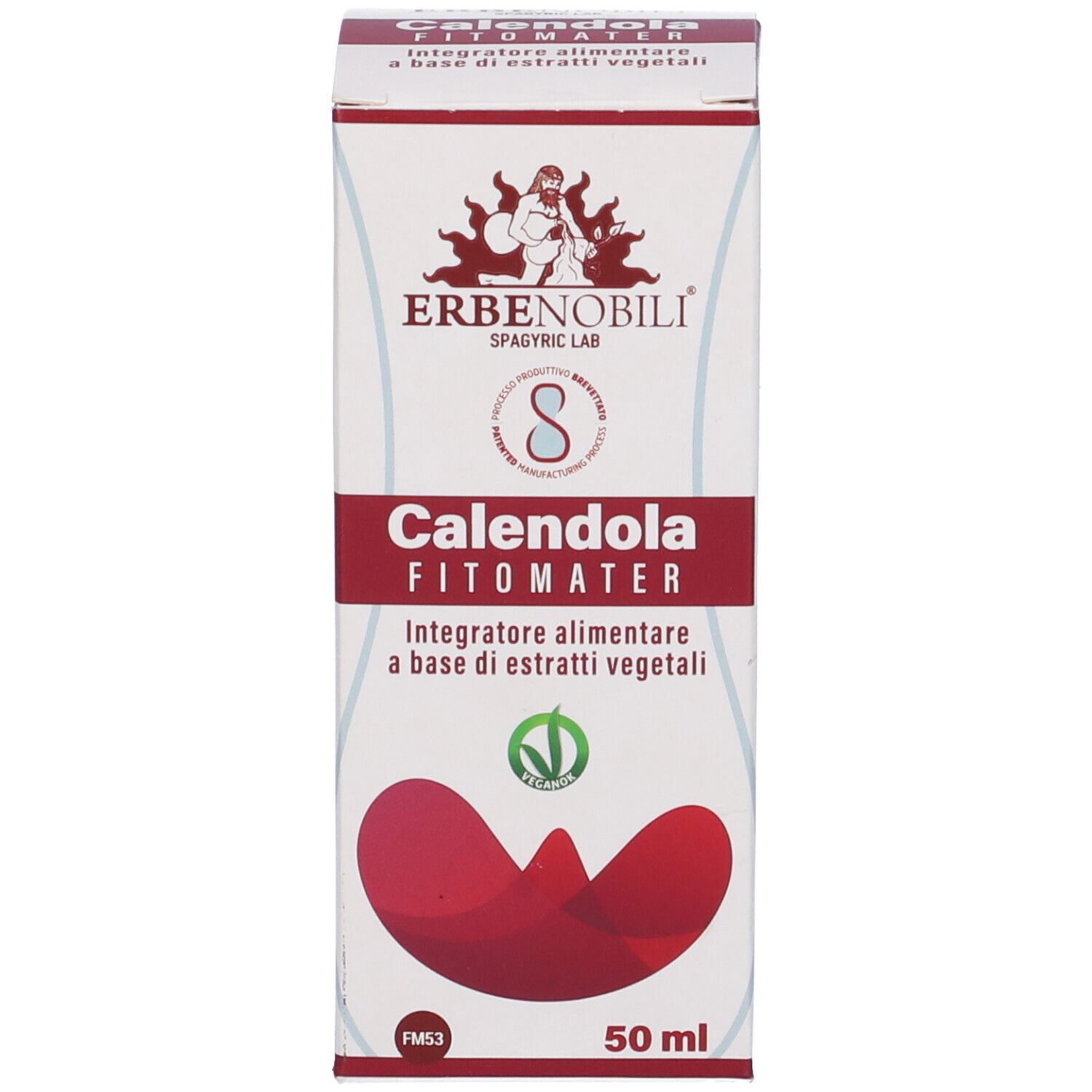 Confezione del prodotto. Marchio: Erbenobili. Testo: Calendola Fitomater. 50 ml. Sigillo vegano.