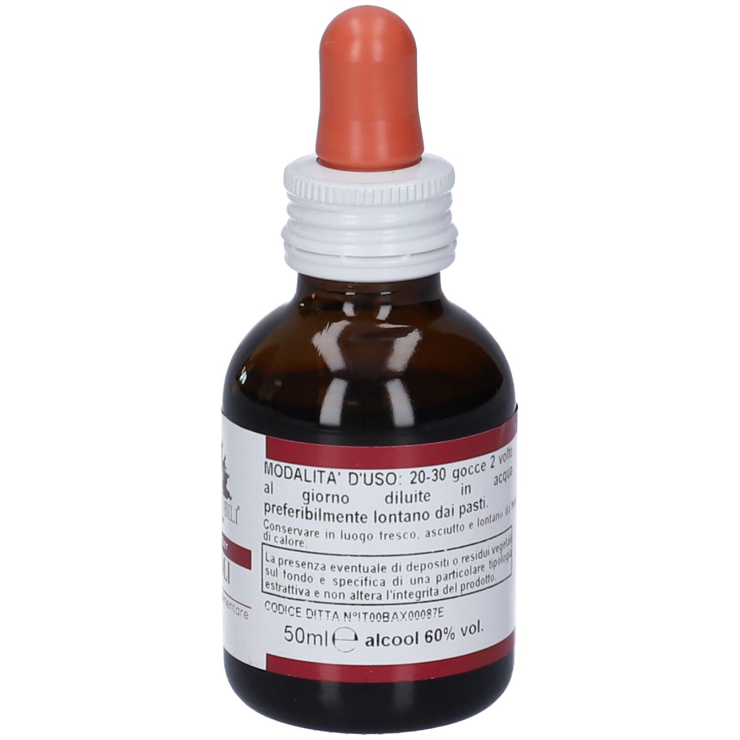 Lato di un flacone in vetro ambrato con contagocce, etichetta con modalità d'uso e gradazione alcolica.