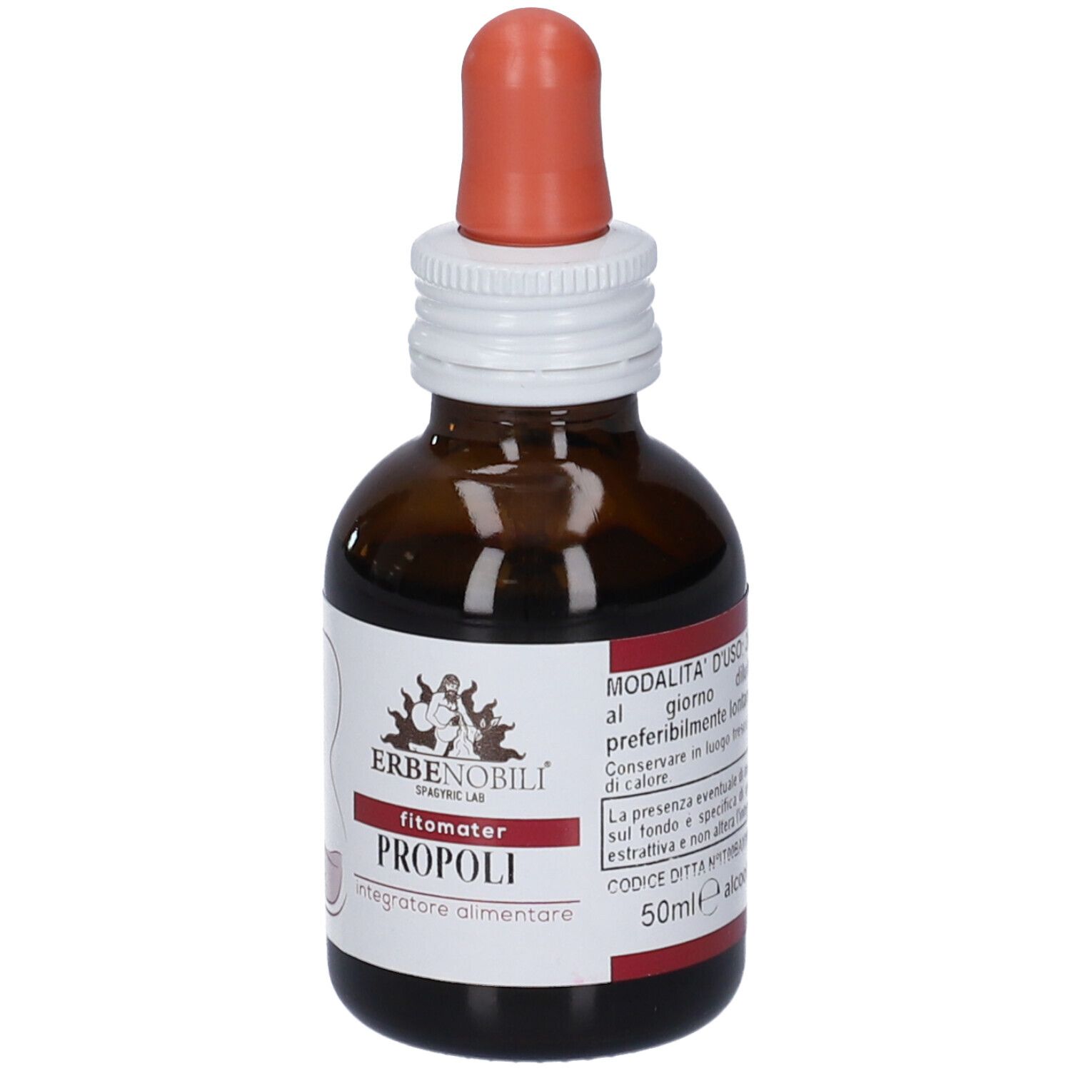Flacone in vetro ambrato con contagocce, etichetta 'Fitomater Propoli', 'Erbenobili'.