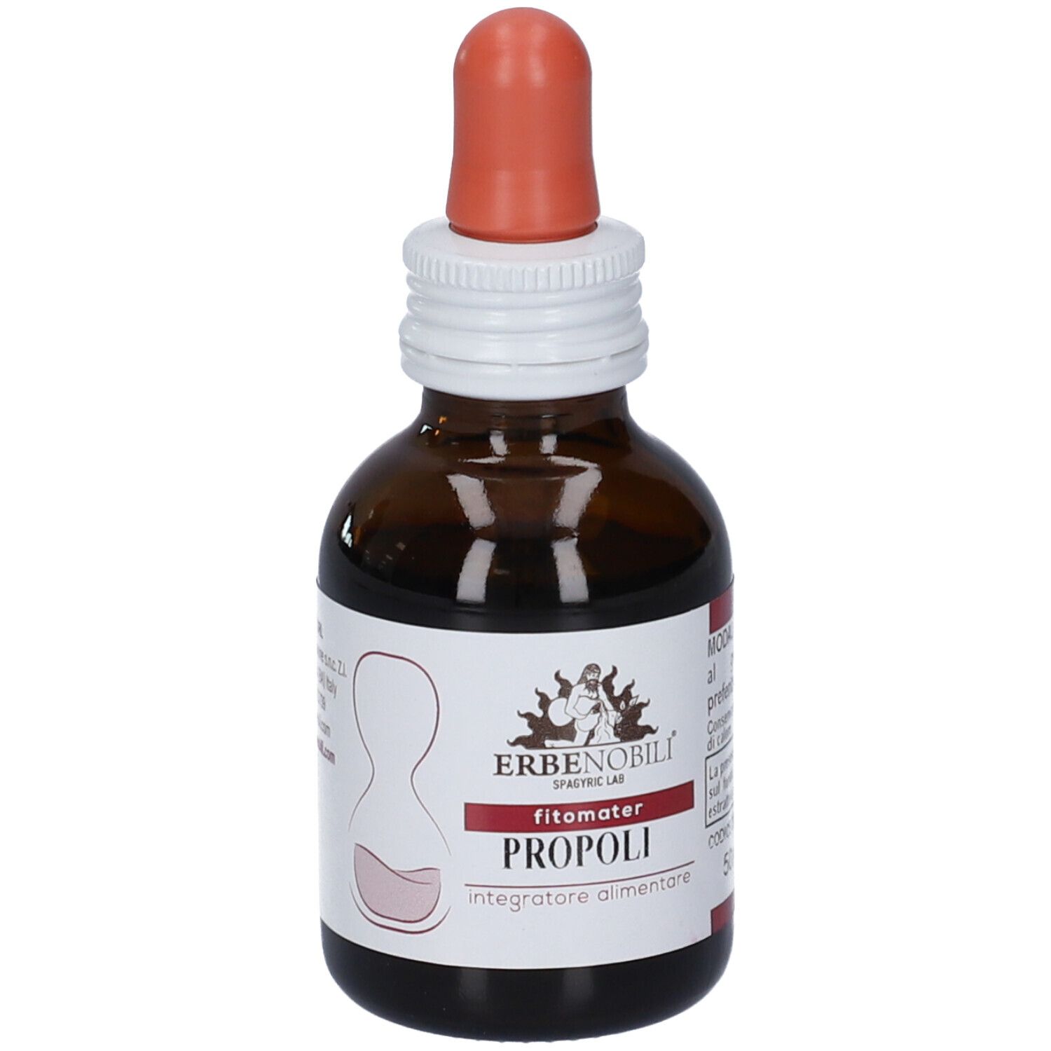 Flacone in vetro ambrato con contagocce, etichetta 'Fitomater Propoli', 'Erbenobili'.
