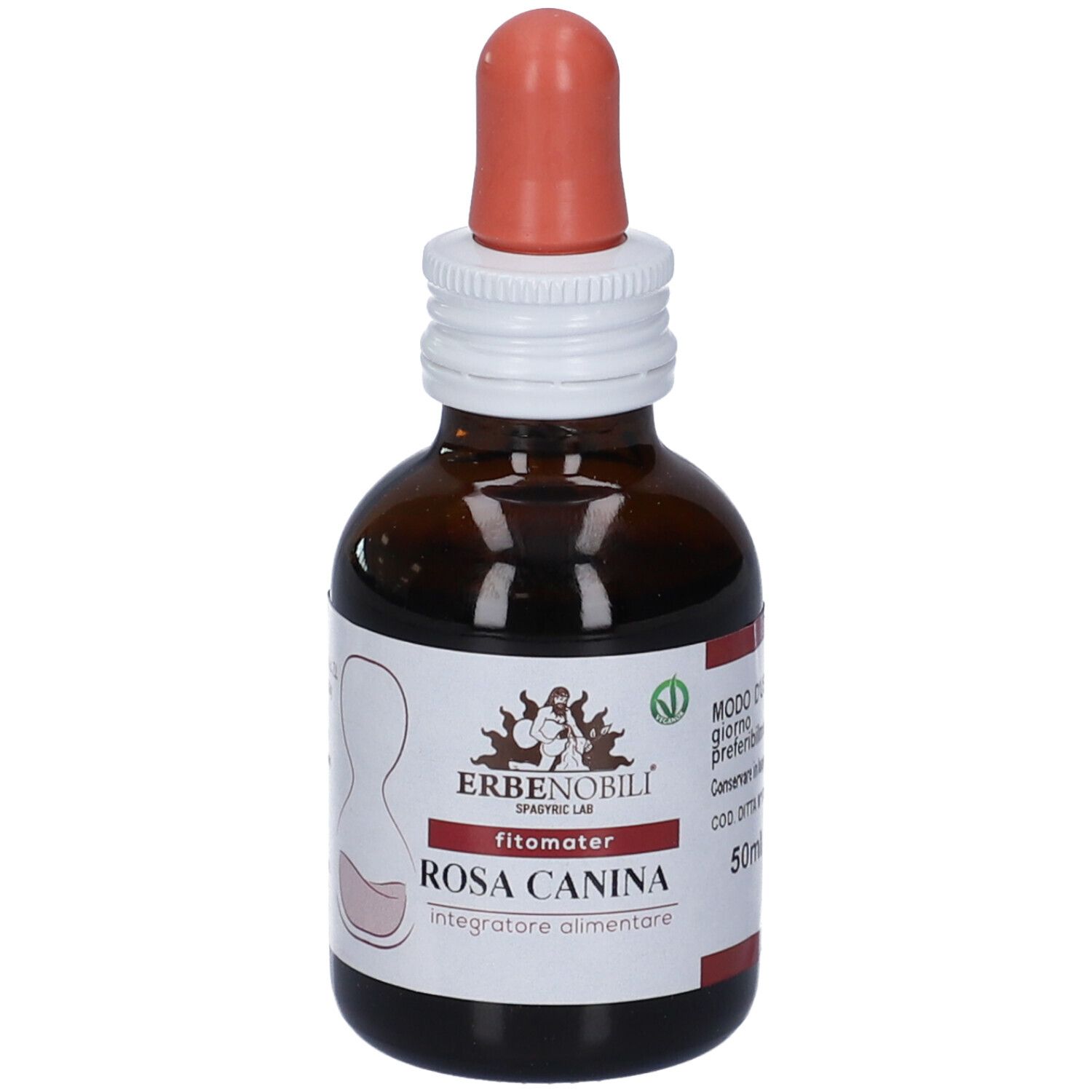Flacone di vetro marrone con contagocce. Scritta: Rosa Canina, FitoMater. Marchio: Erbennobili. Sigillo vegano.