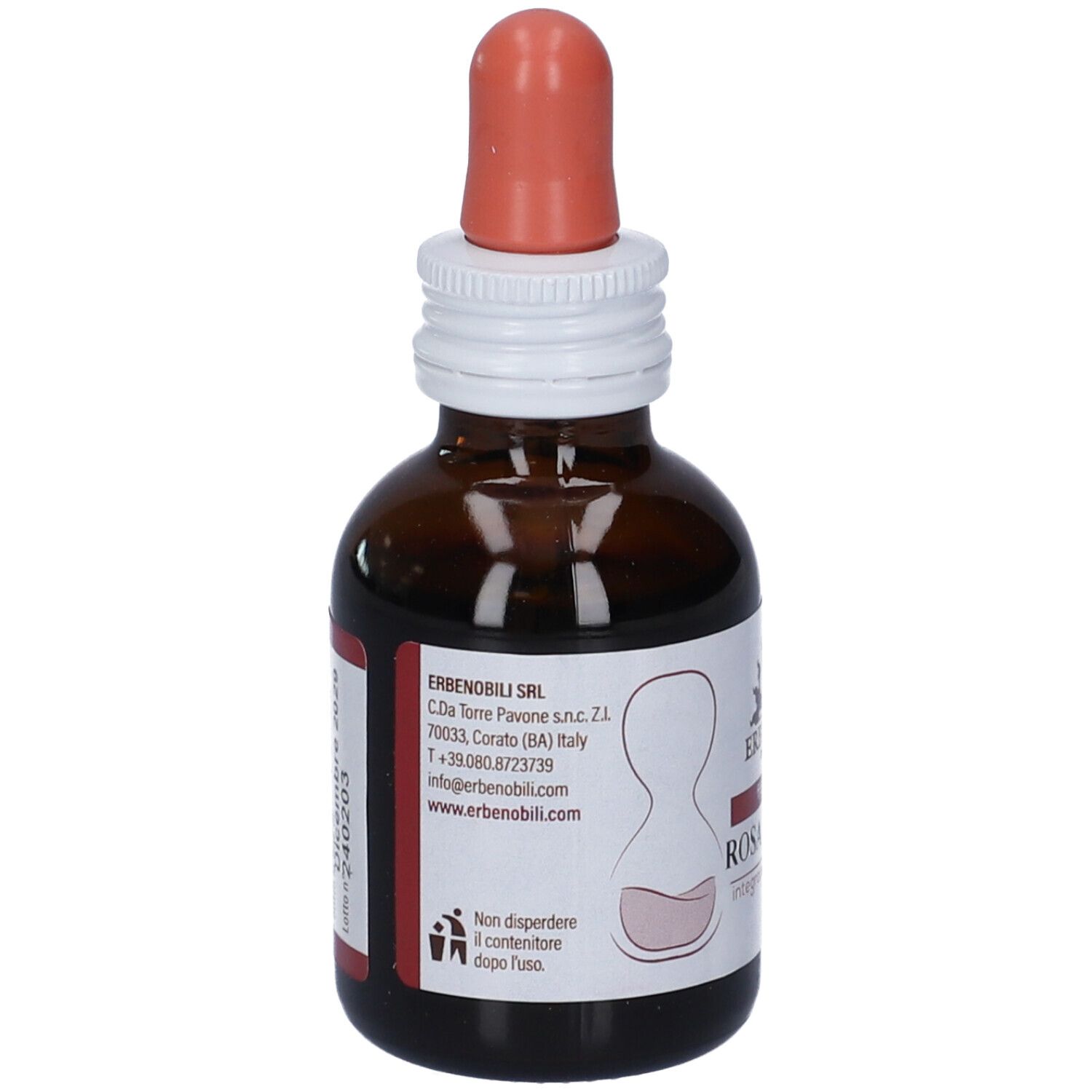 Flacone di vetro marrone con contagocce. Scritta: Rosa Canina, FitoMater. Marchio: Erbennobili. Retro con testo.