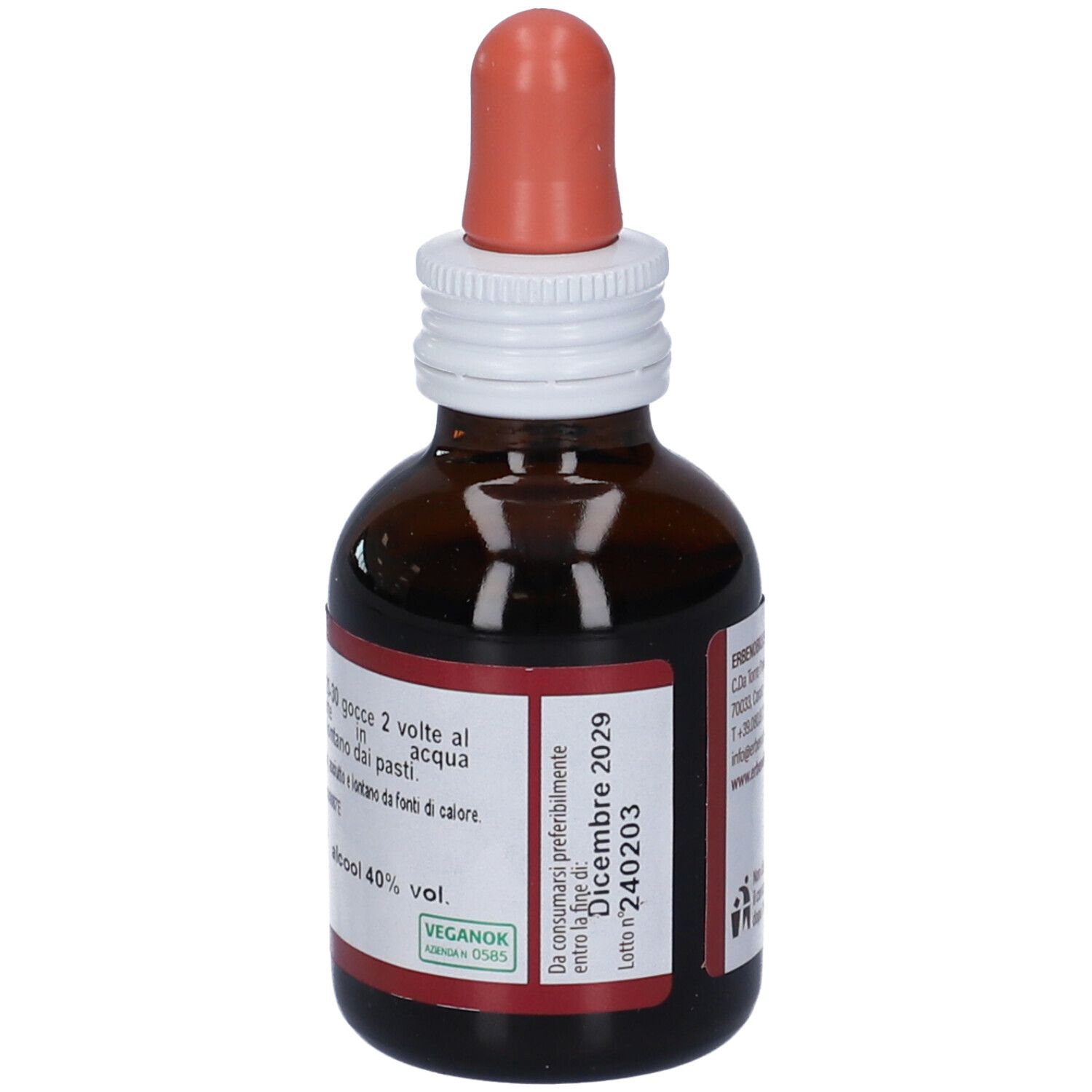 Flacone di vetro marrone con contagocce. Scritta: Rosa Canina, FitoMater. Marchio: Erbennobili. Scadenza: Dicembre 2029.