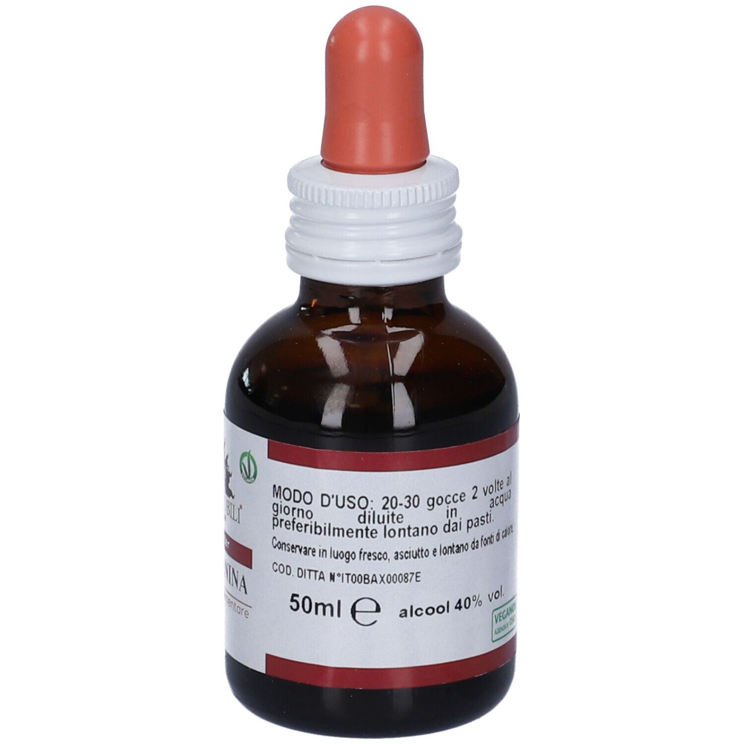 Flacone di vetro marrone con contagocce. Scritta: Rosa Canina, FitoMater. Marchio: Erbennobili. Istruzioni per il dosaggio.