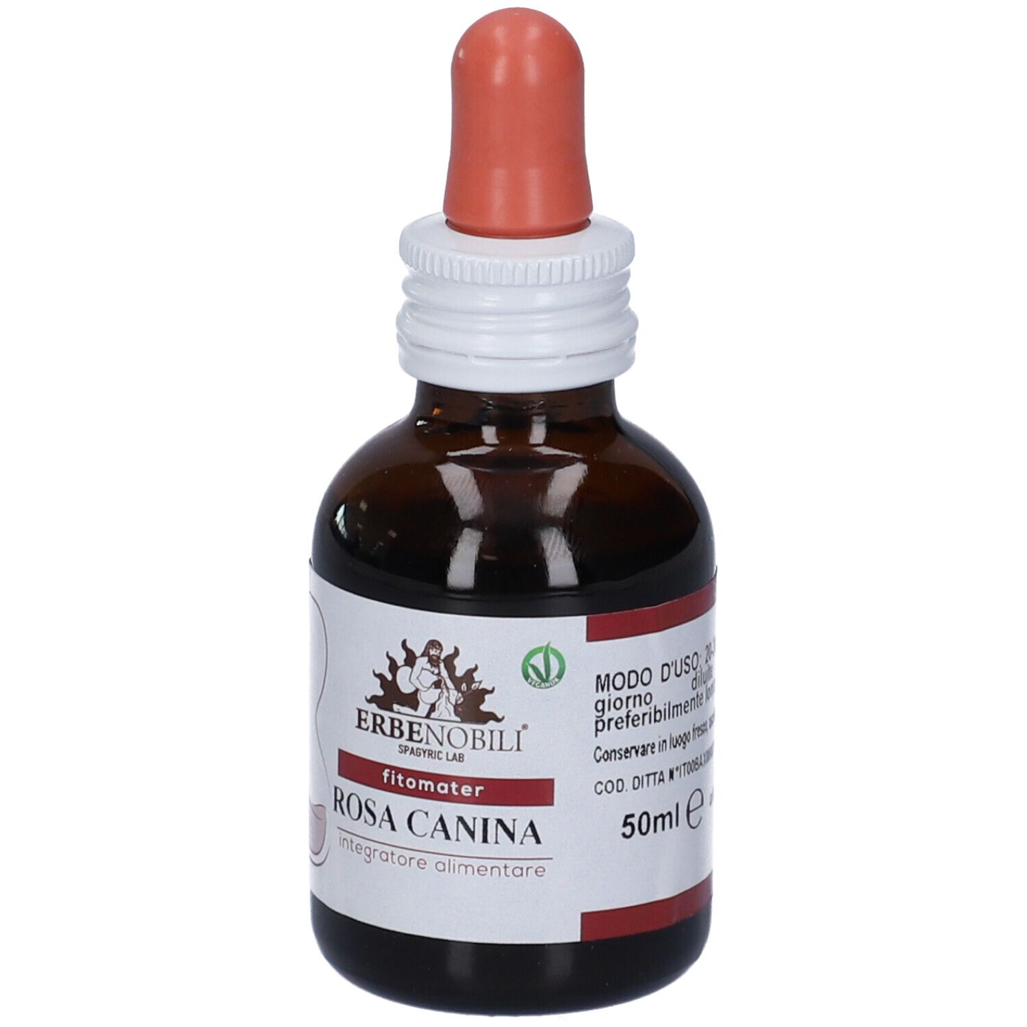 Flacone di vetro marrone con contagocce. Scritta: Rosa Canina, FitoMater. Marchio: Erbennobili. 50ml.
