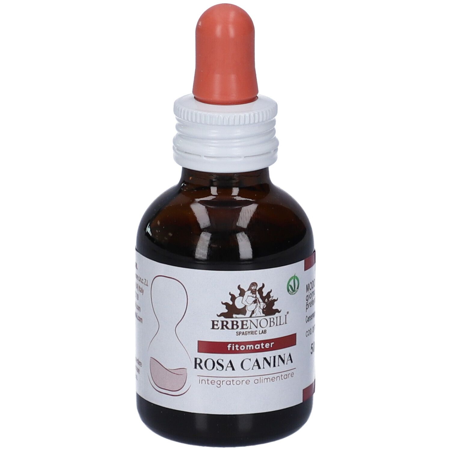 Flacone di vetro marrone con contagocce. Scritta: Rosa Canina, FitoMater. Marchio: Erbennobili. Sigillo vegano.