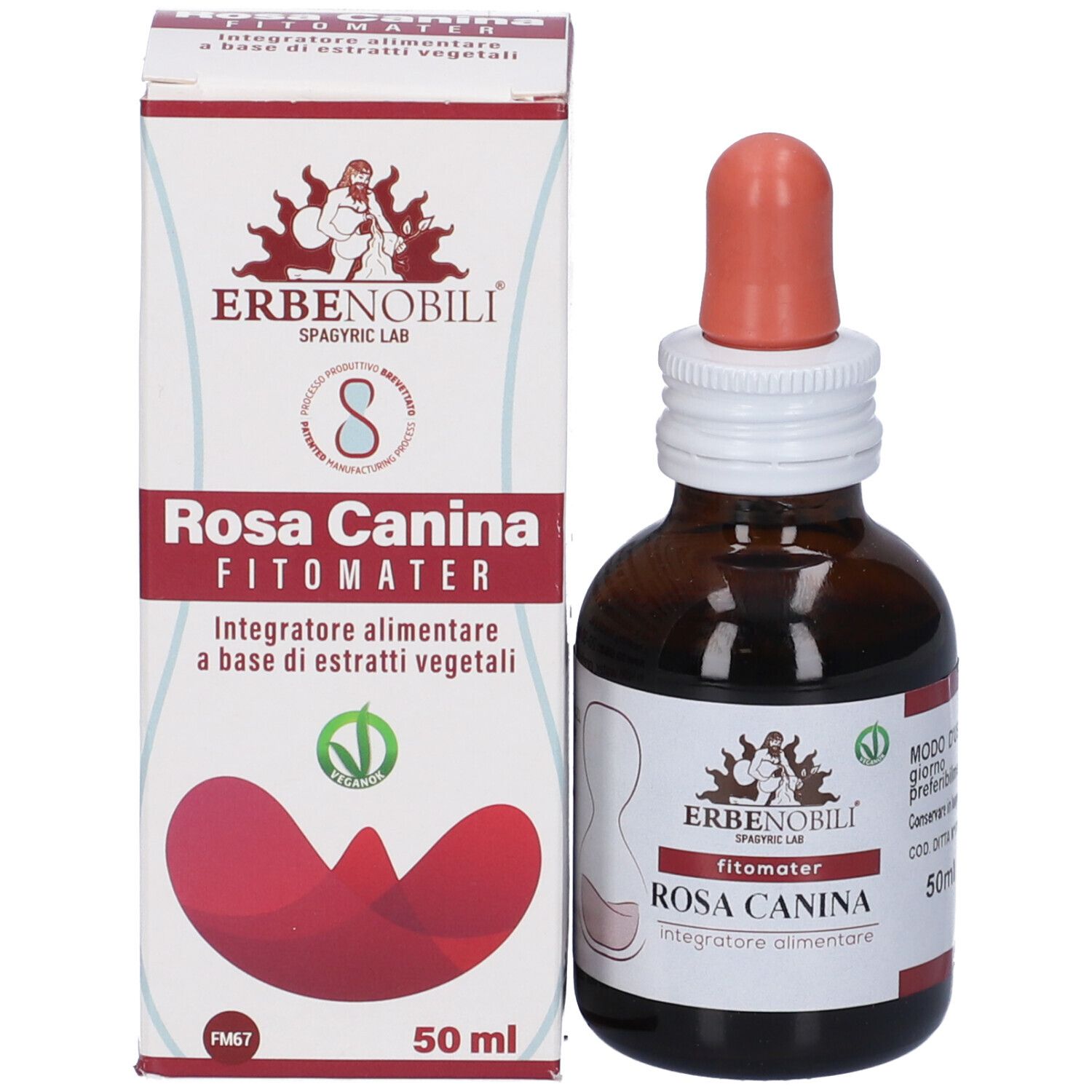 Flacone di vetro marrone con contagocce e scatola. Scritta: Rosa Canina, FitoMater. Marchio: Erbennobili. 50ml.