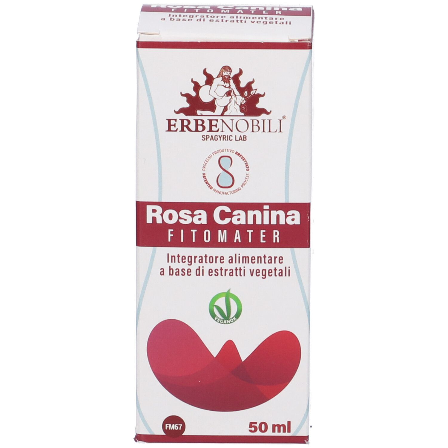 Scatola con scritta: Rosa Canina, FitoMater. Marchio: Erbennobili. 50ml. Sigillo vegano.