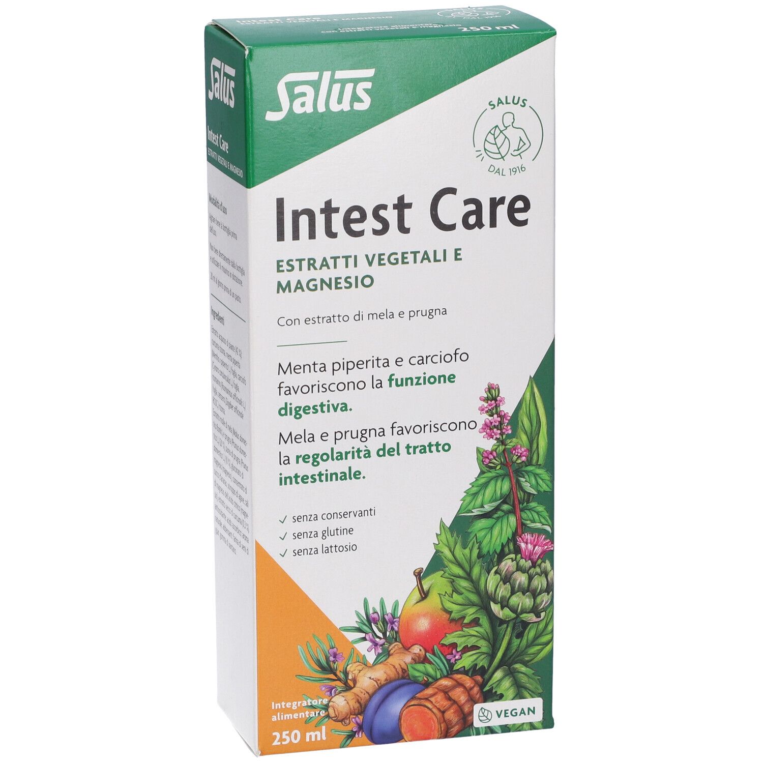 Fronte della confezione Salus Intest Care. Nome del prodotto, ingredienti e illustrazioni. Vegano.