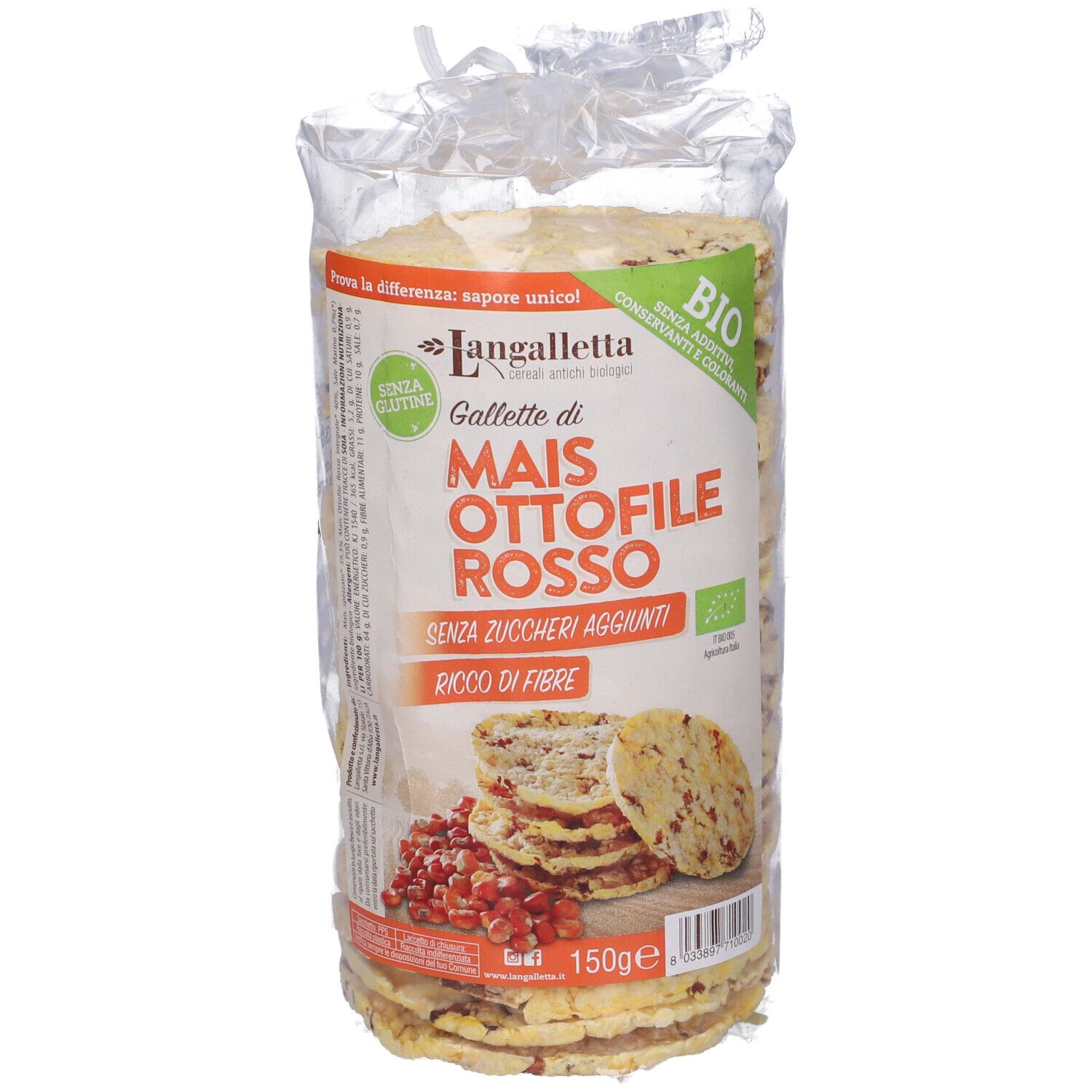 Confezione trasparente di gallette di mais. Scritta: Gallette di mais, Ottofile Rosso, senza zuccheri aggiunti.