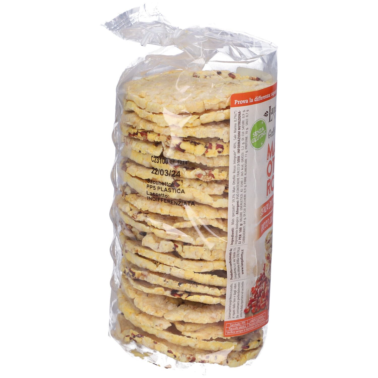 Confezione trasparente di gallette di mais. Pila di gallette rotonde. Stampa con data di scadenza.