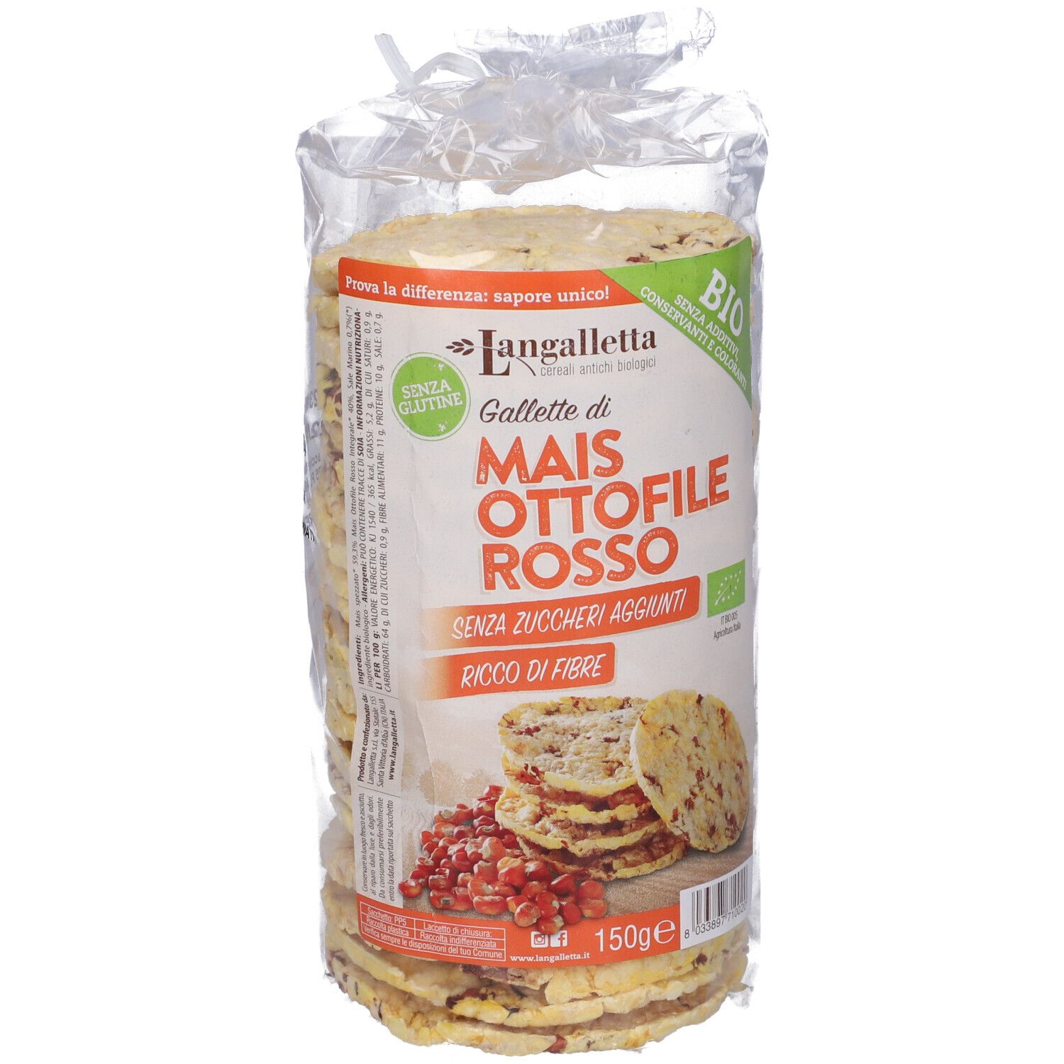 Confezione trasparente di gallette di mais. Scritta: Gallette di mais, Ottofile Rosso, senza zuccheri aggiunti.