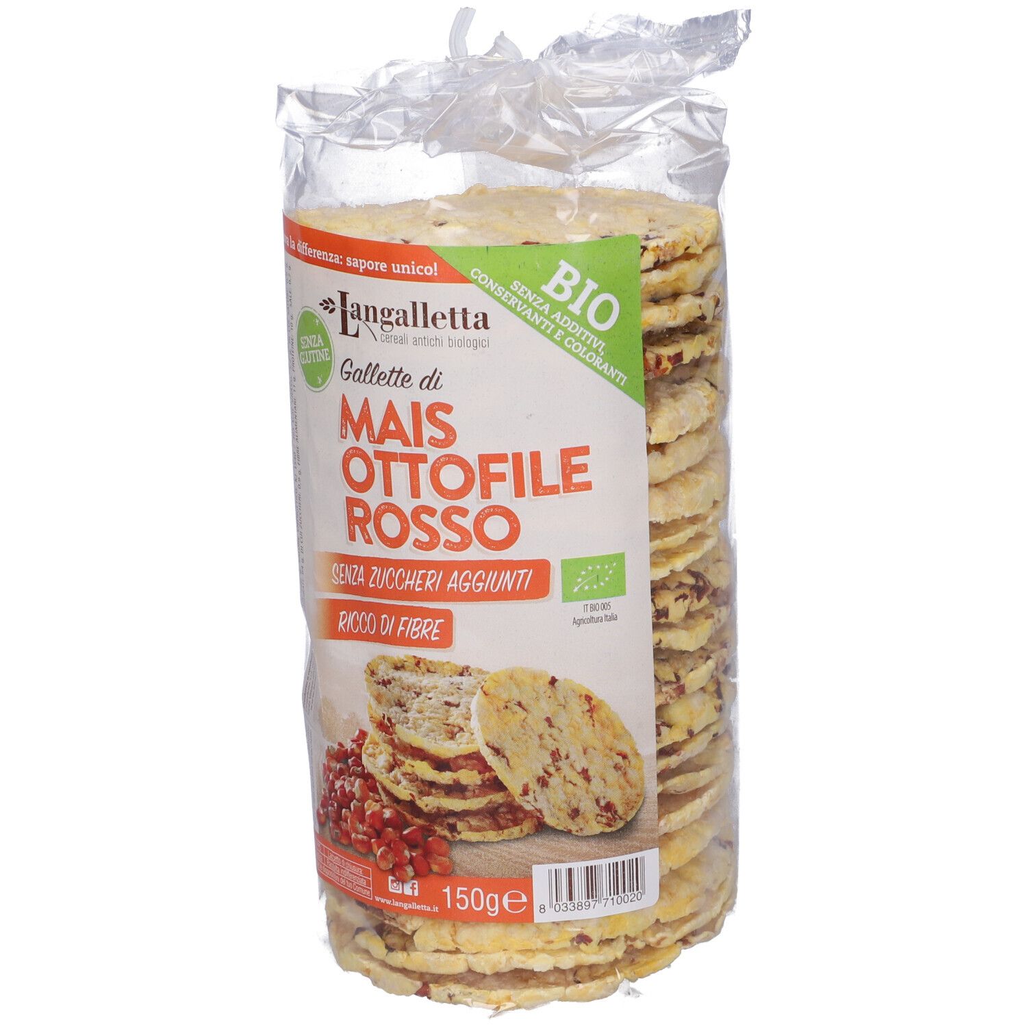 Confezione trasparente di gallette di mais. Scritta: Gallette di mais, Ottofile Rosso, senza zuccheri aggiunti.