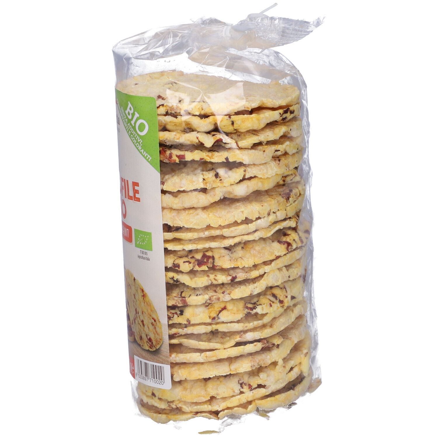 Confezione trasparente di gallette di mais. Pila di gallette rotonde. Sigillo Bio visibile.