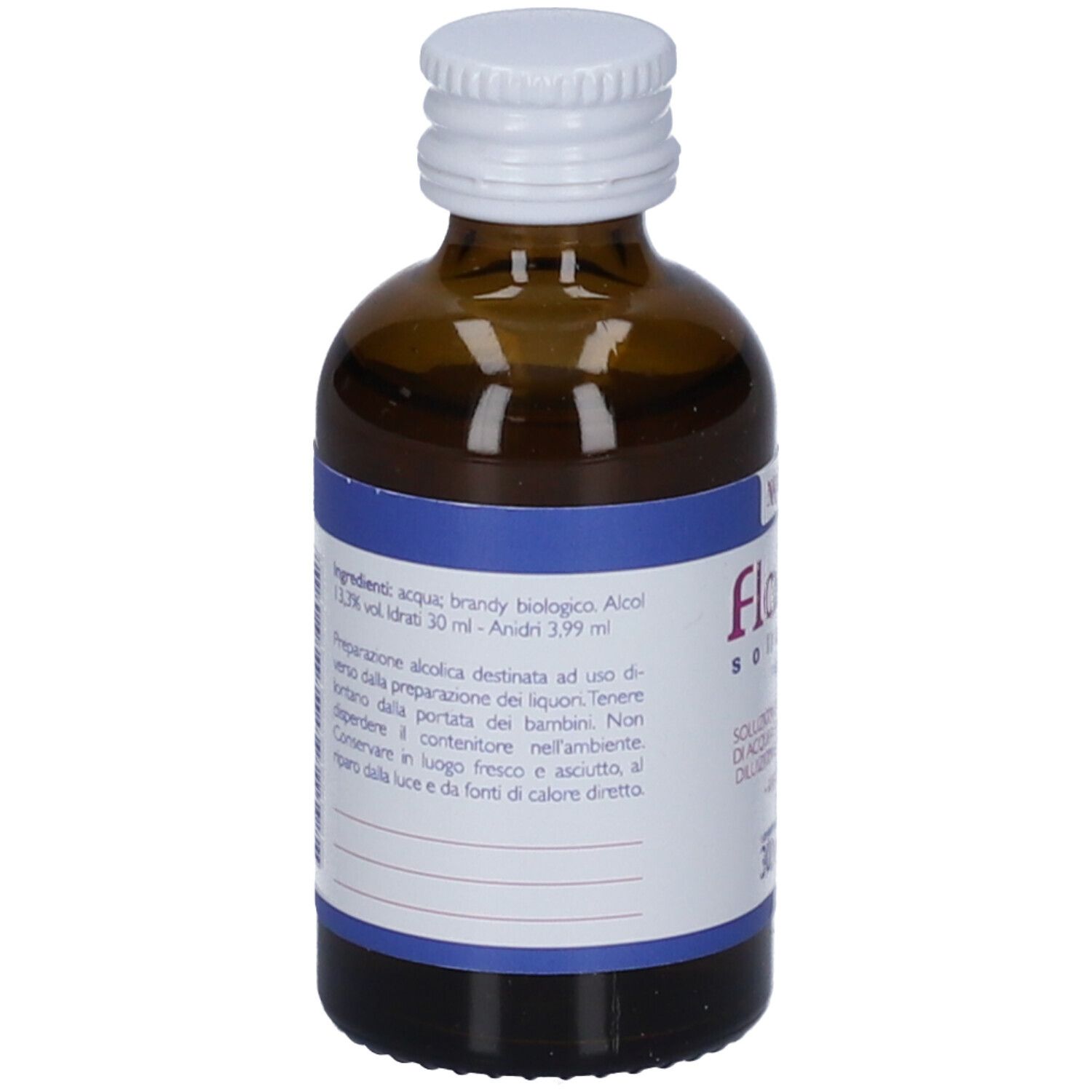 Flacone di vetro marrone con tappo bianco. Etichetta con ingredienti e testo.