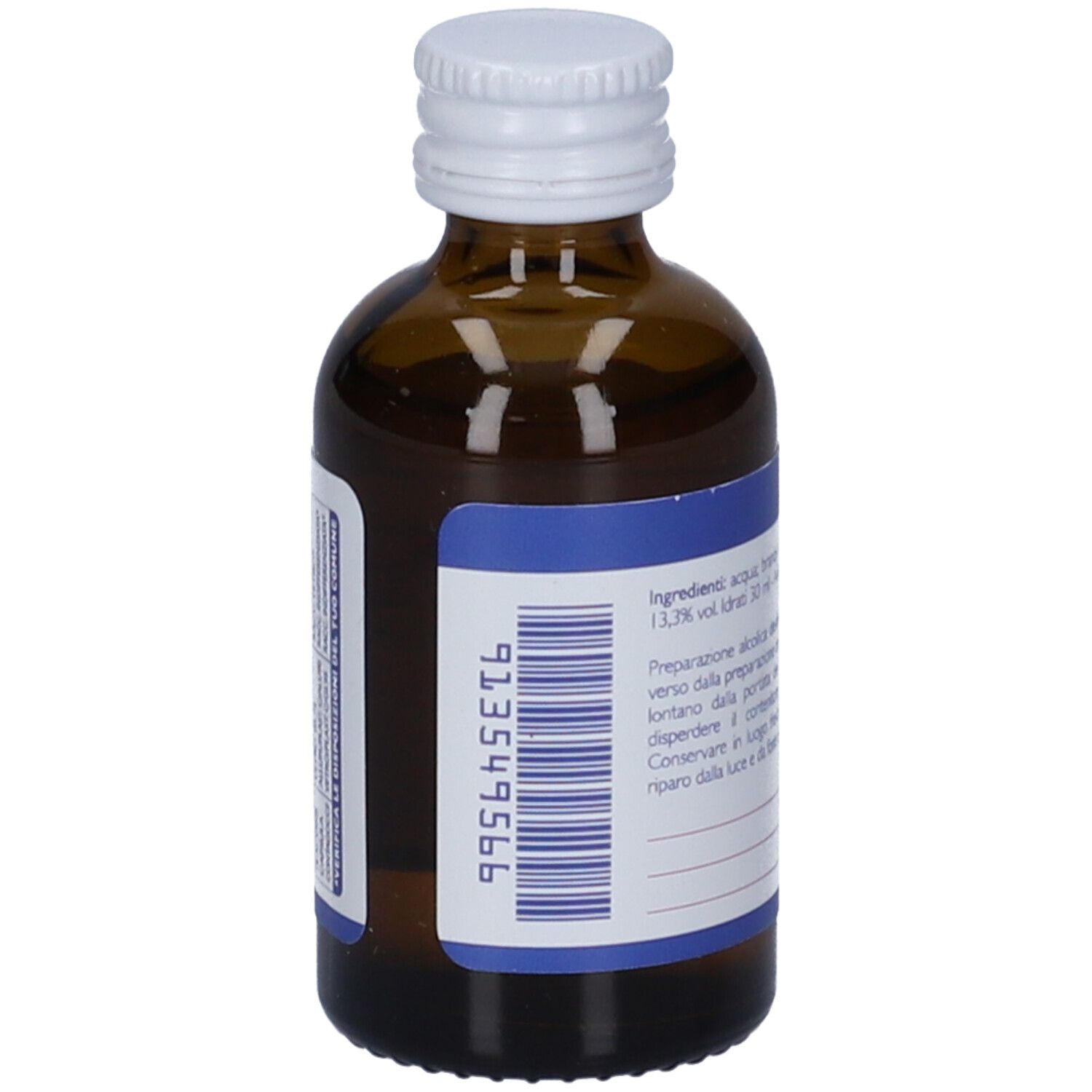 Flacone di vetro marrone con tappo bianco. Etichetta con codice a barre e testo.