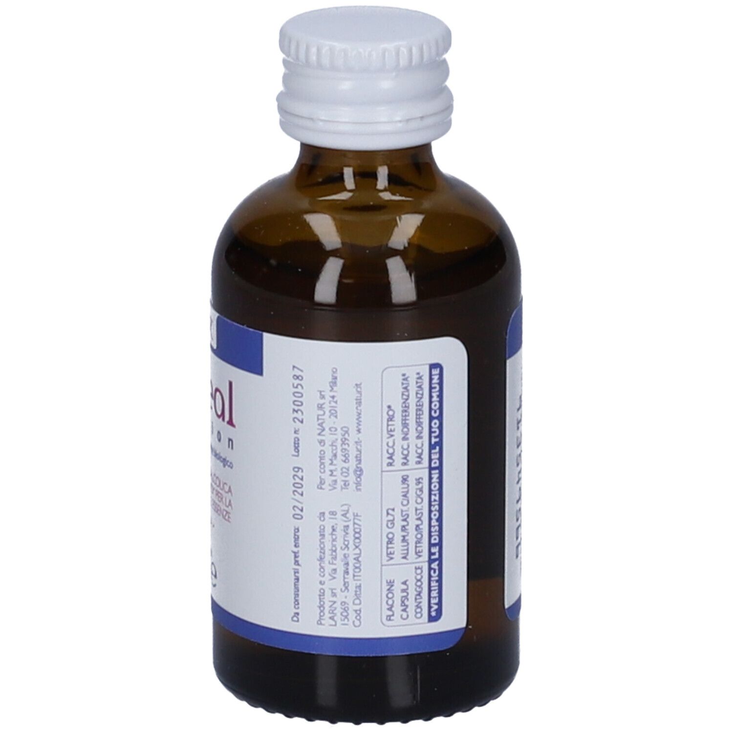 Flacone di vetro marrone con tappo bianco. Etichetta con testo e informazioni di produzione.