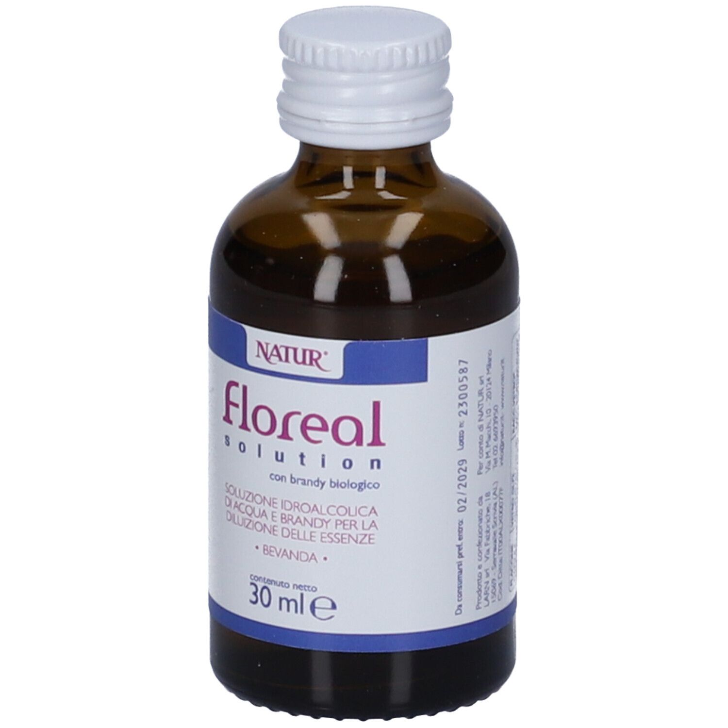 Flacone di vetro marrone con tappo bianco. Etichetta con nome e testo del prodotto. 30 ml.