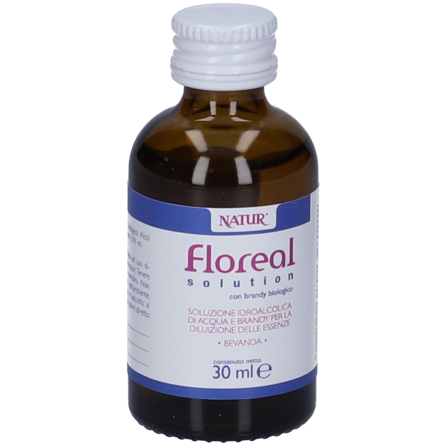 Flacone di vetro marrone con tappo bianco. Etichetta con nome e testo del prodotto. 30 ml.