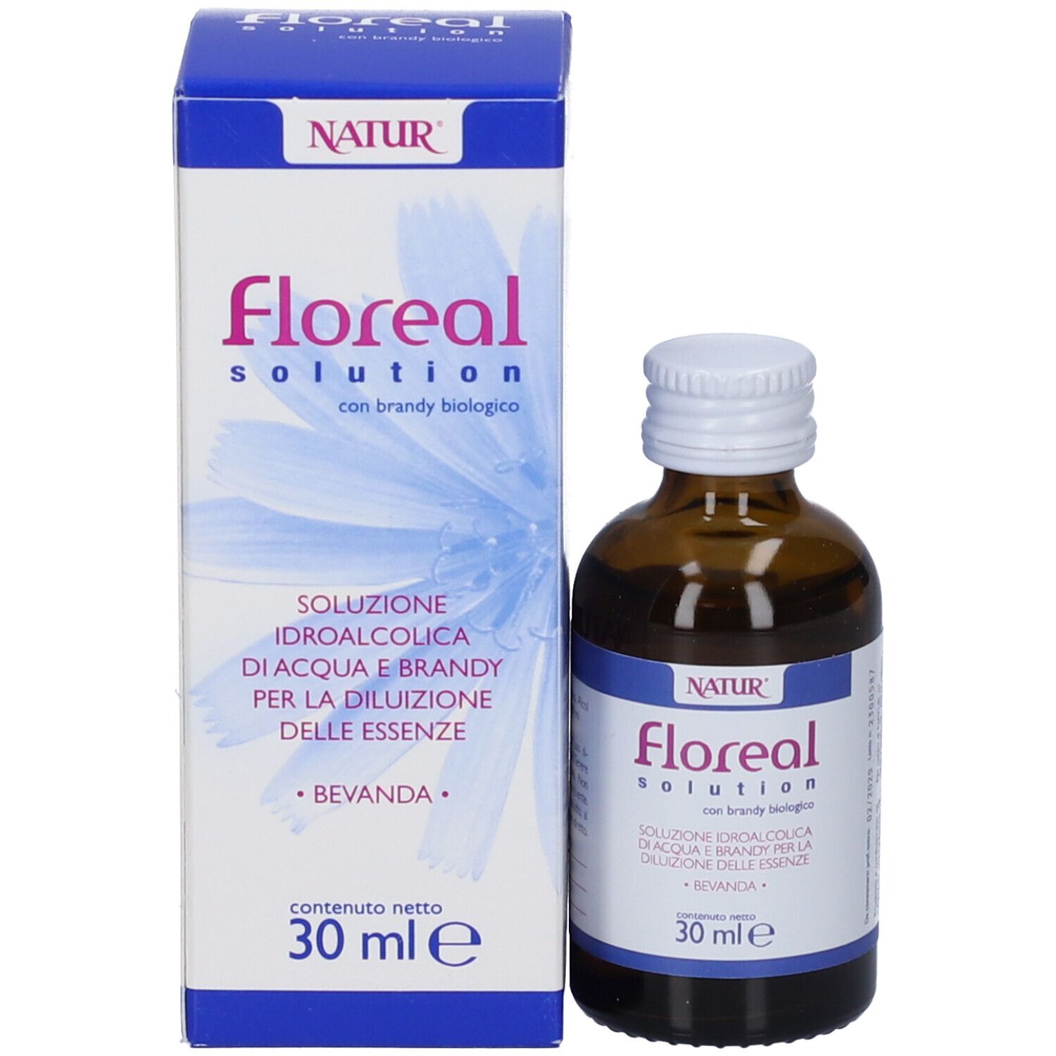 Flacone e scatola del prodotto. Flacone marrone, tappo bianco. Scatola blu e bianca con nome.