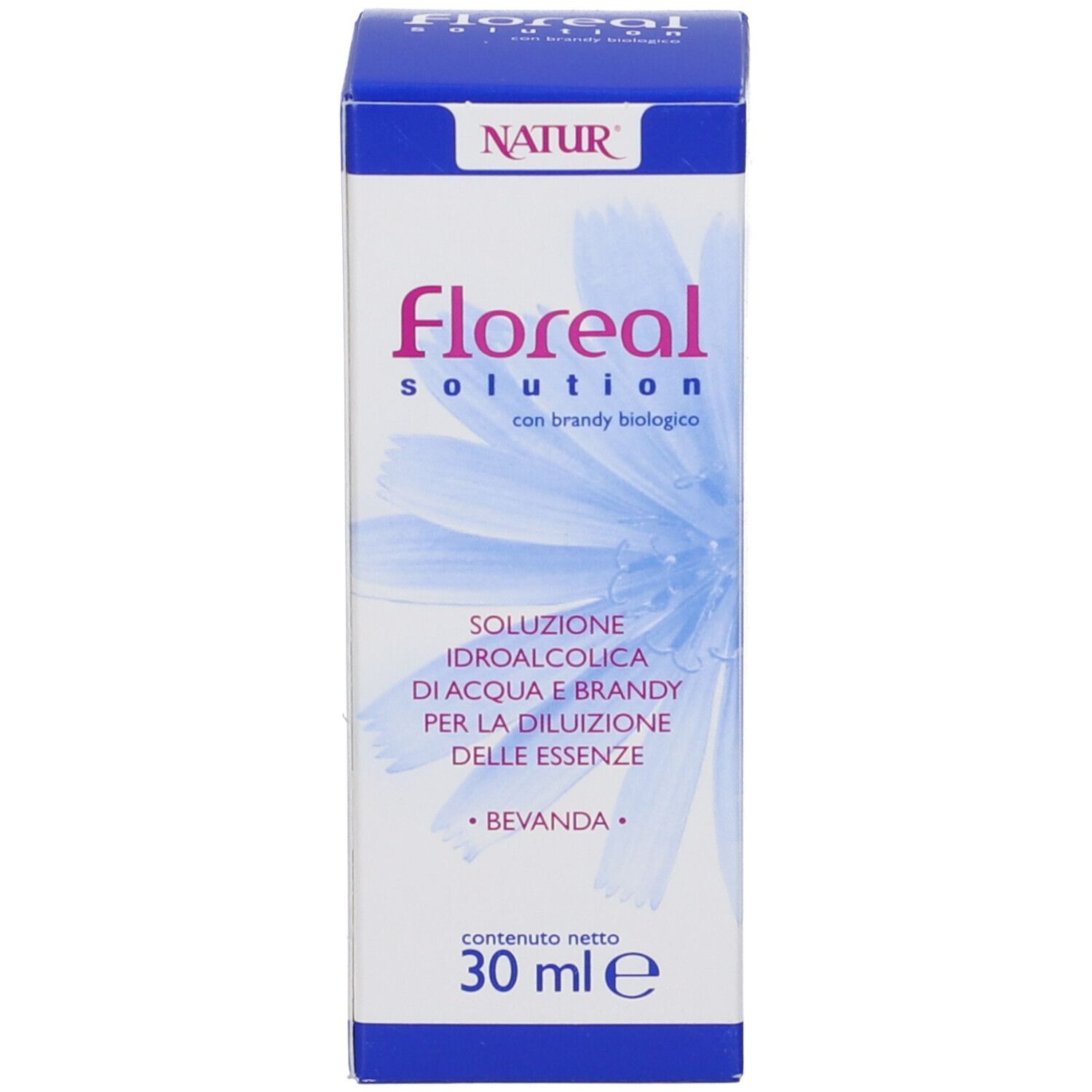 Confezione del prodotto. Scatola blu e bianca con nome e testo del prodotto.