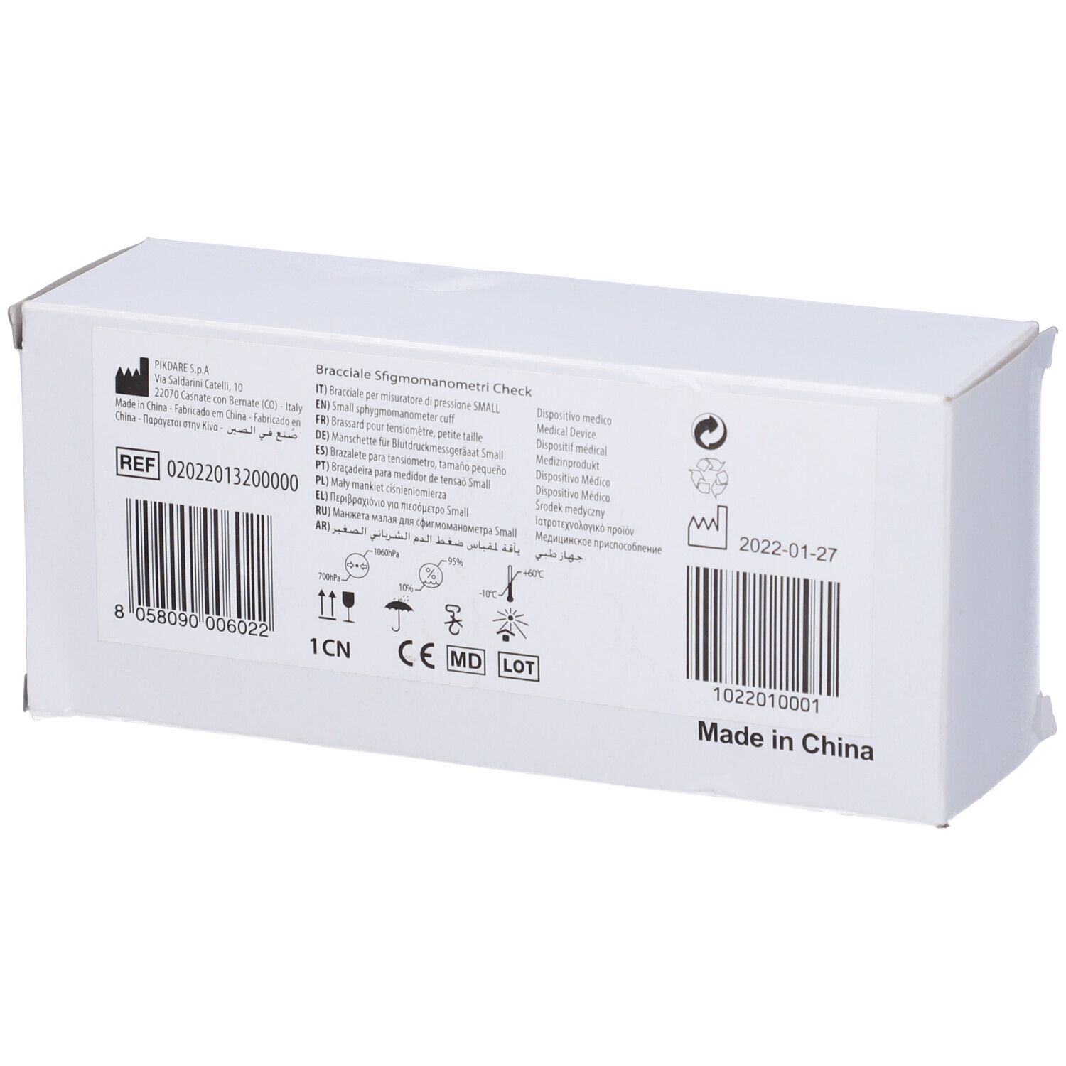 Scatola di cartone per dispositivo medico. Codici a barre, testo multilingue. Fatto in Cina.