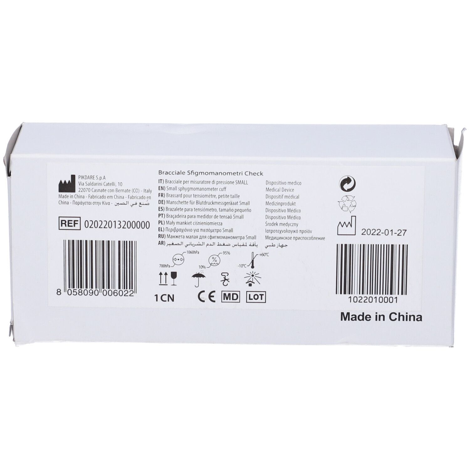 Scatola di cartone per dispositivo medico. Codici a barre, testo multilingue. Fatto in Cina.