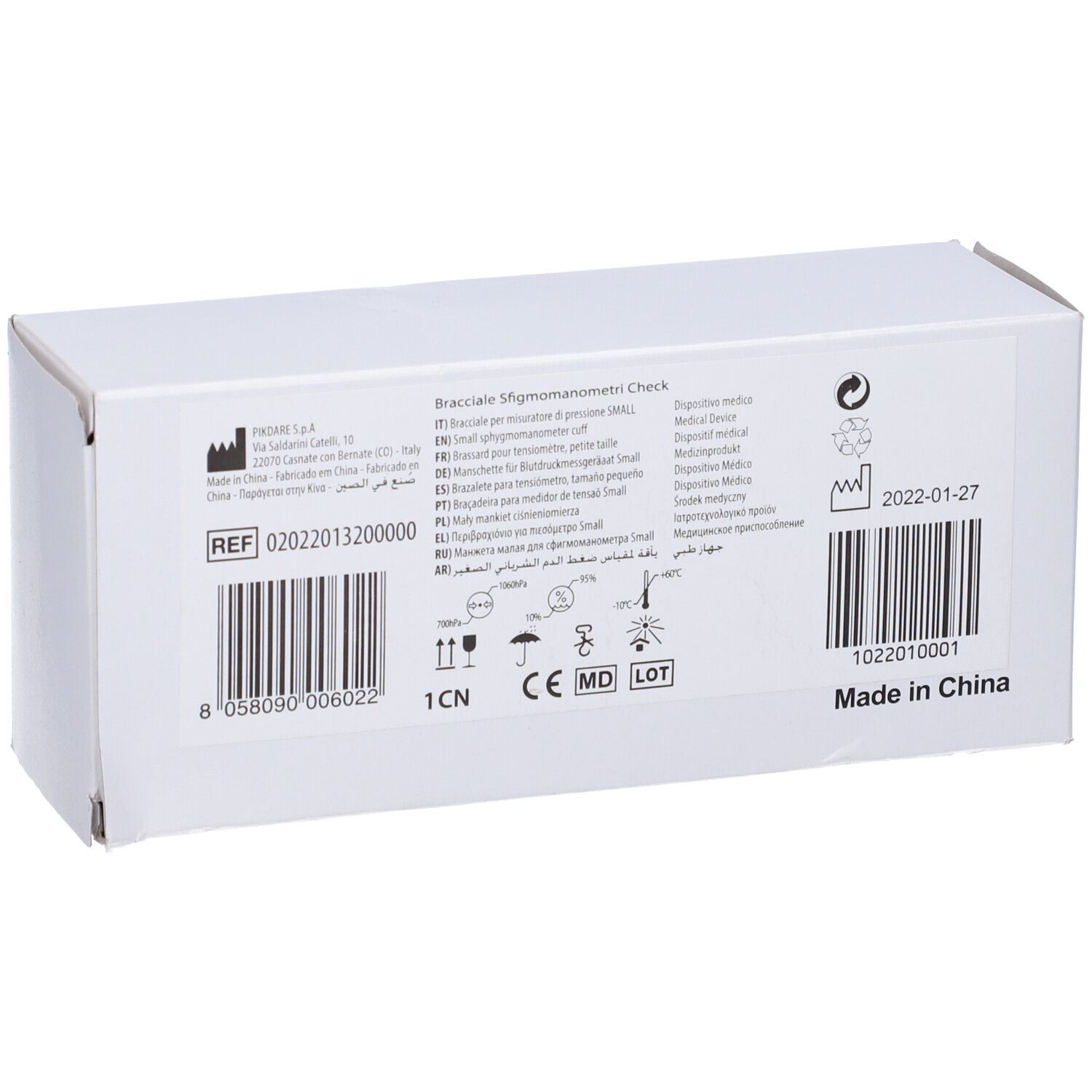 Scatola di cartone per dispositivo medico. Codici a barre, testo multilingue. Fatto in Cina.