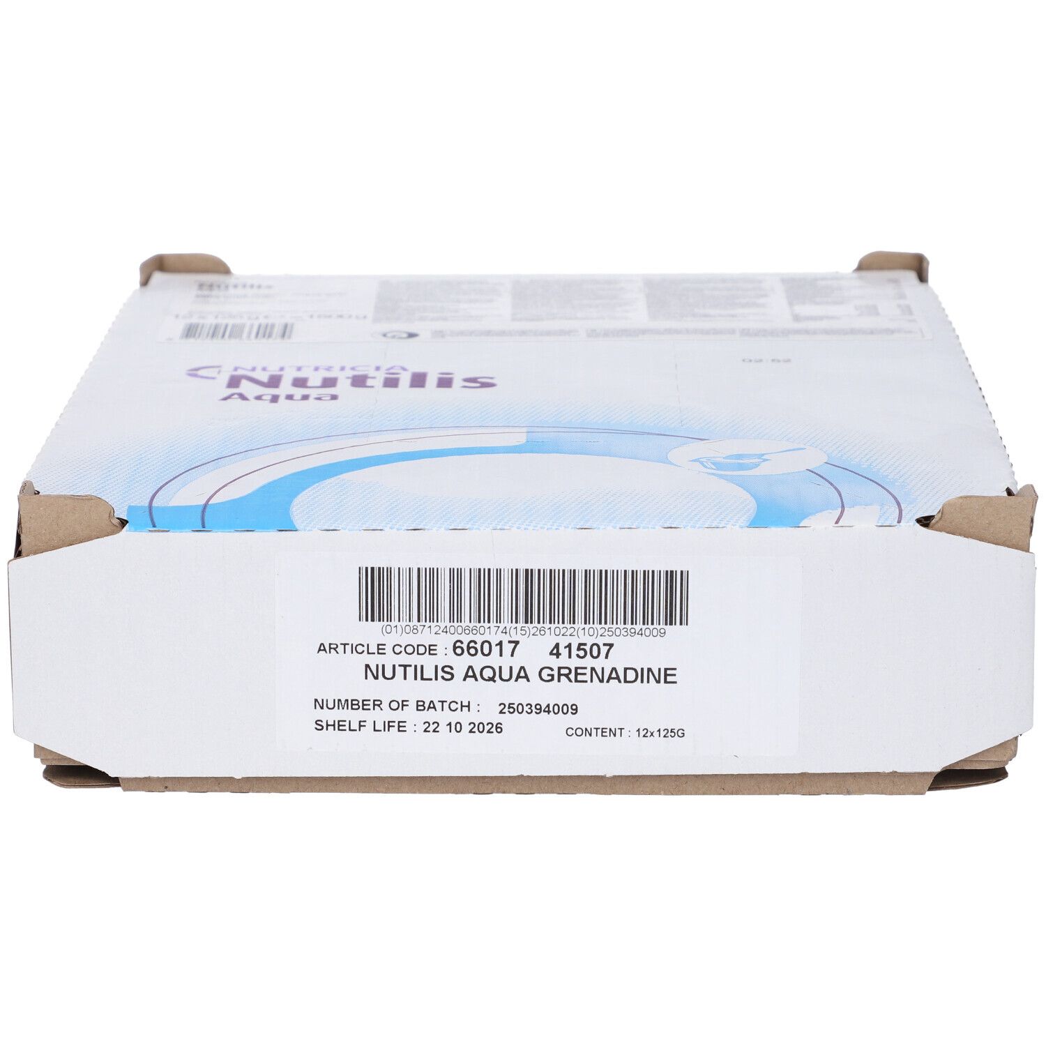 Confezione di Nutricia Nutilis Aqua Grenadine, con codice articolo e data di scadenza.