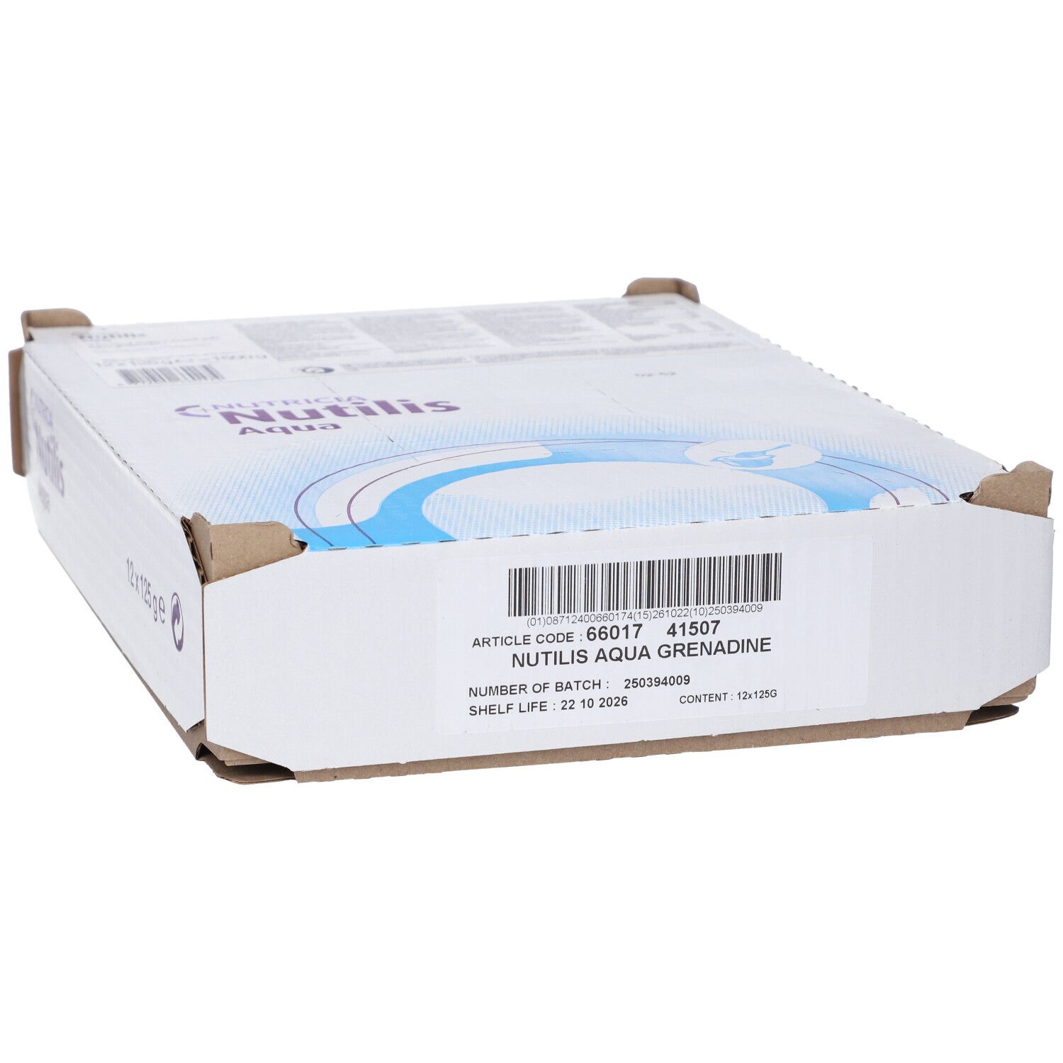 Confezione di Nutricia Nutilis Aqua Grenadine, con codice articolo e data di scadenza.