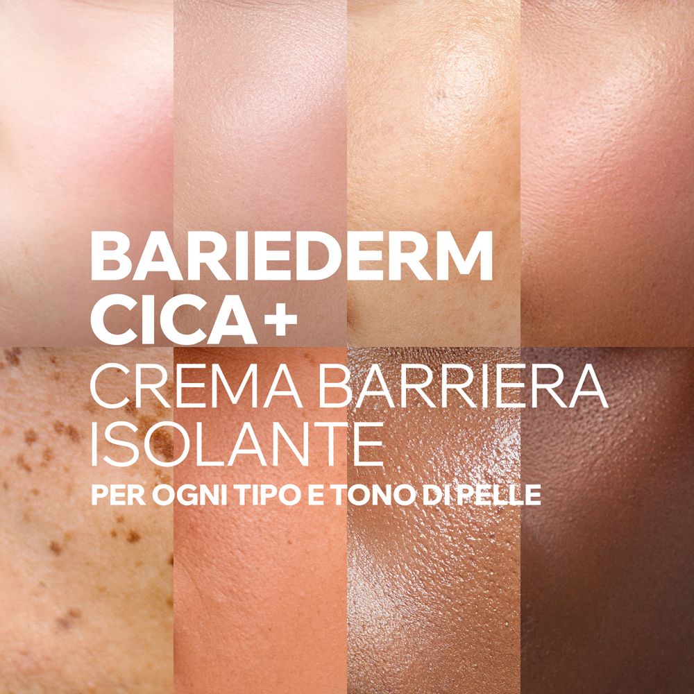 Parti di pelle di diverse tonalità con testo: Bariéderm Cica+ Crema Barriera Isolante.