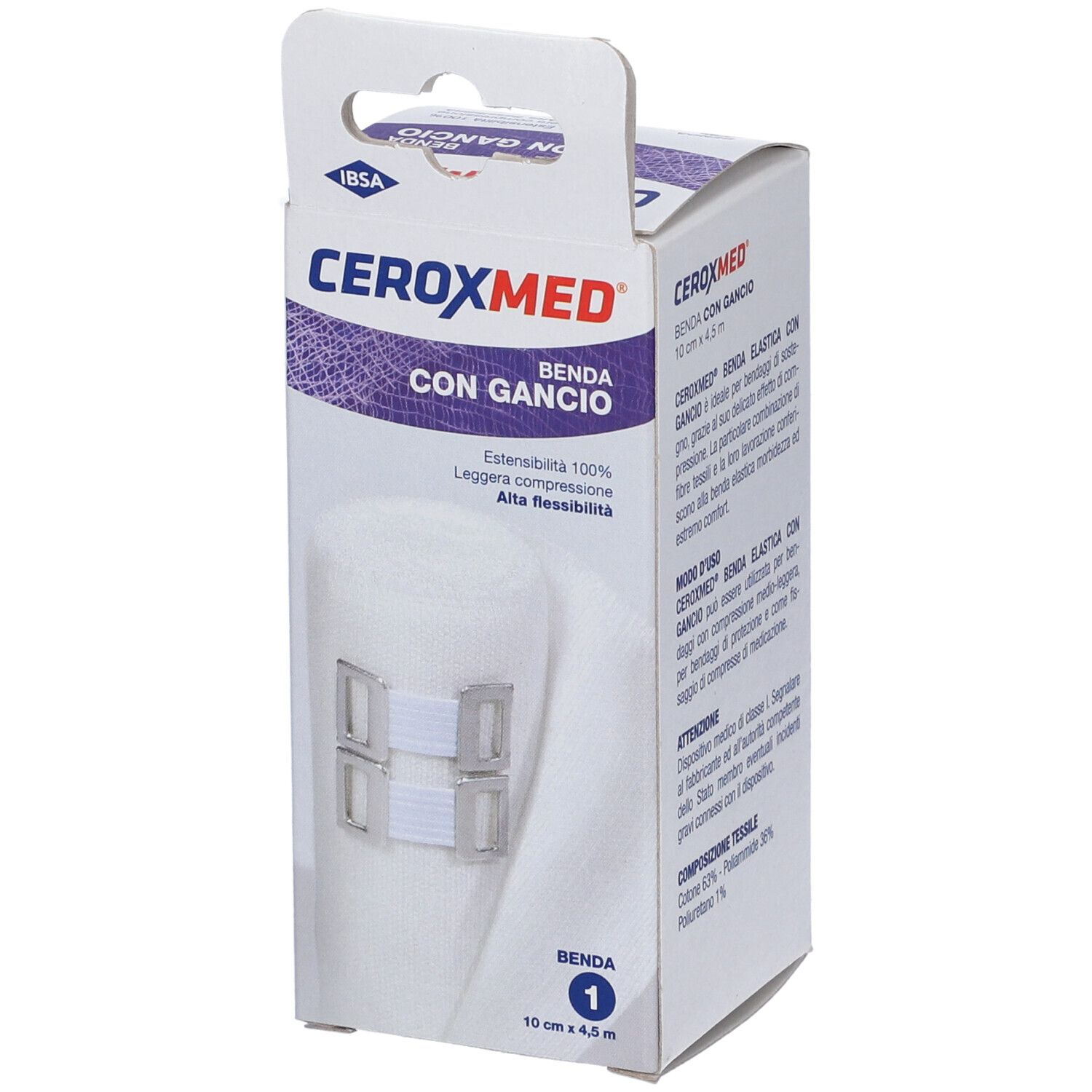 Benda elastica Ceroxmed con gancio. Rotolo bianco in confezione. 10cm x 4,5m. Leggera compressione, alta flessibilità.