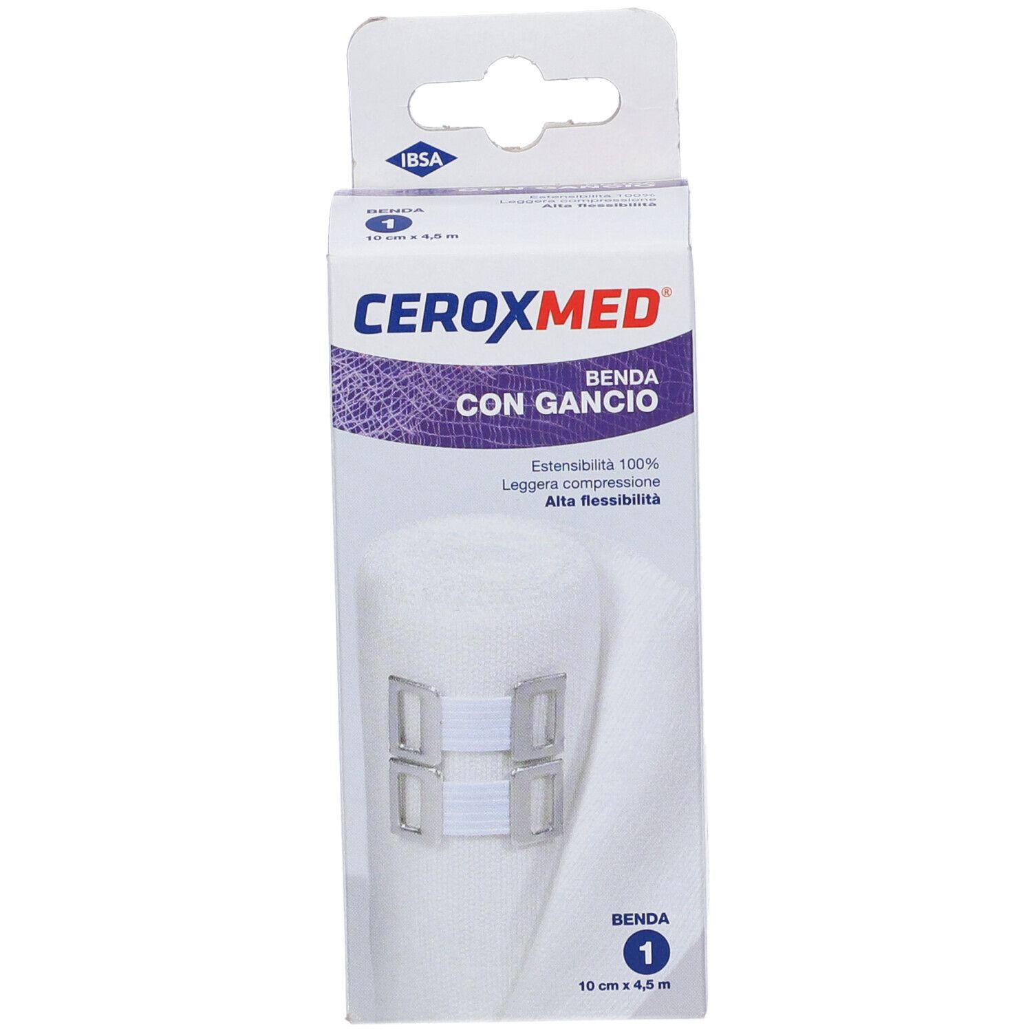 Benda elastica Ceroxmed con gancio. Rotolo bianco in confezione. 10cm x 4,5m. Leggera compressione, alta flessibilità.