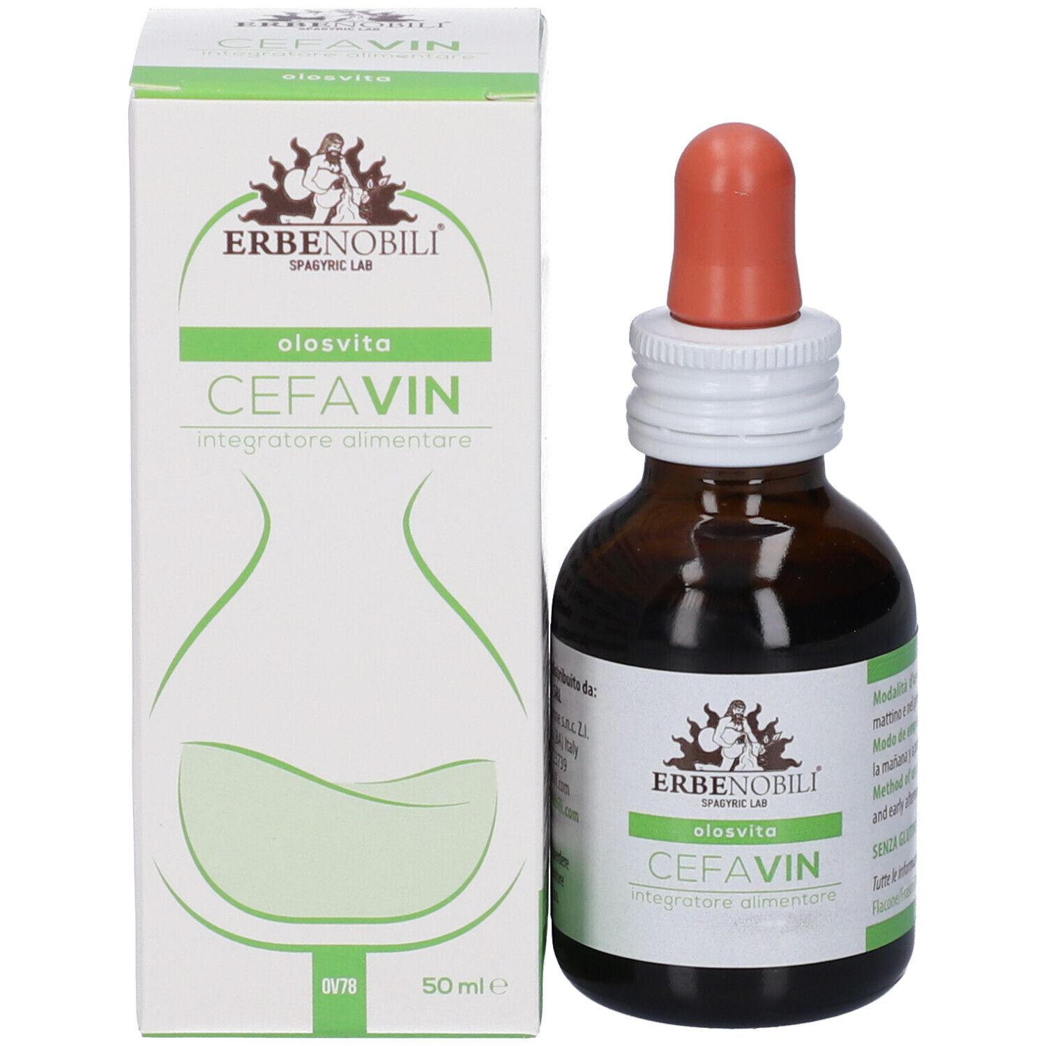 Flacone e scatola di Olosvita Cefavin, entrambi con logo 'ERBENOBILI' e scritta 'CEFAVIN'.