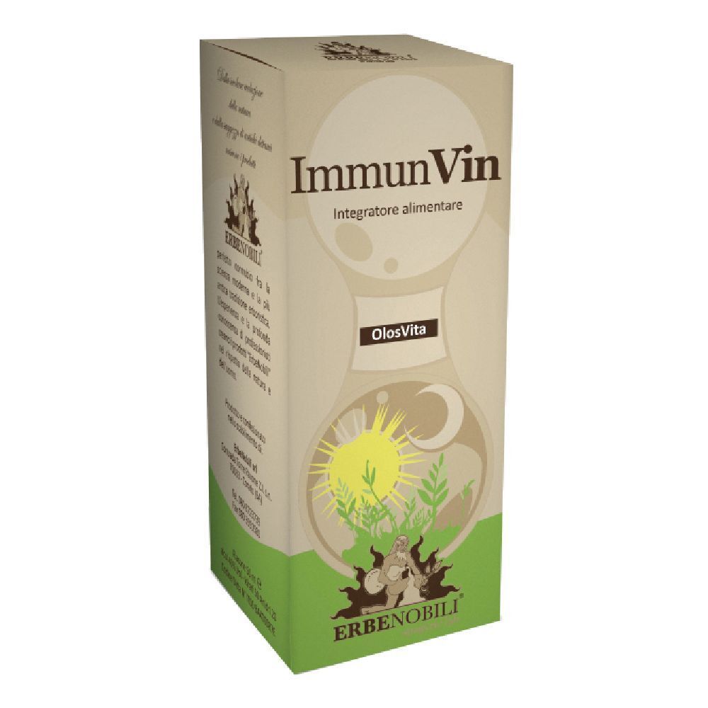 Scatola di Olosvita Immunvin. Scritto: ImmunVin, Integratore alimentare. Marchio: Erbenobili.