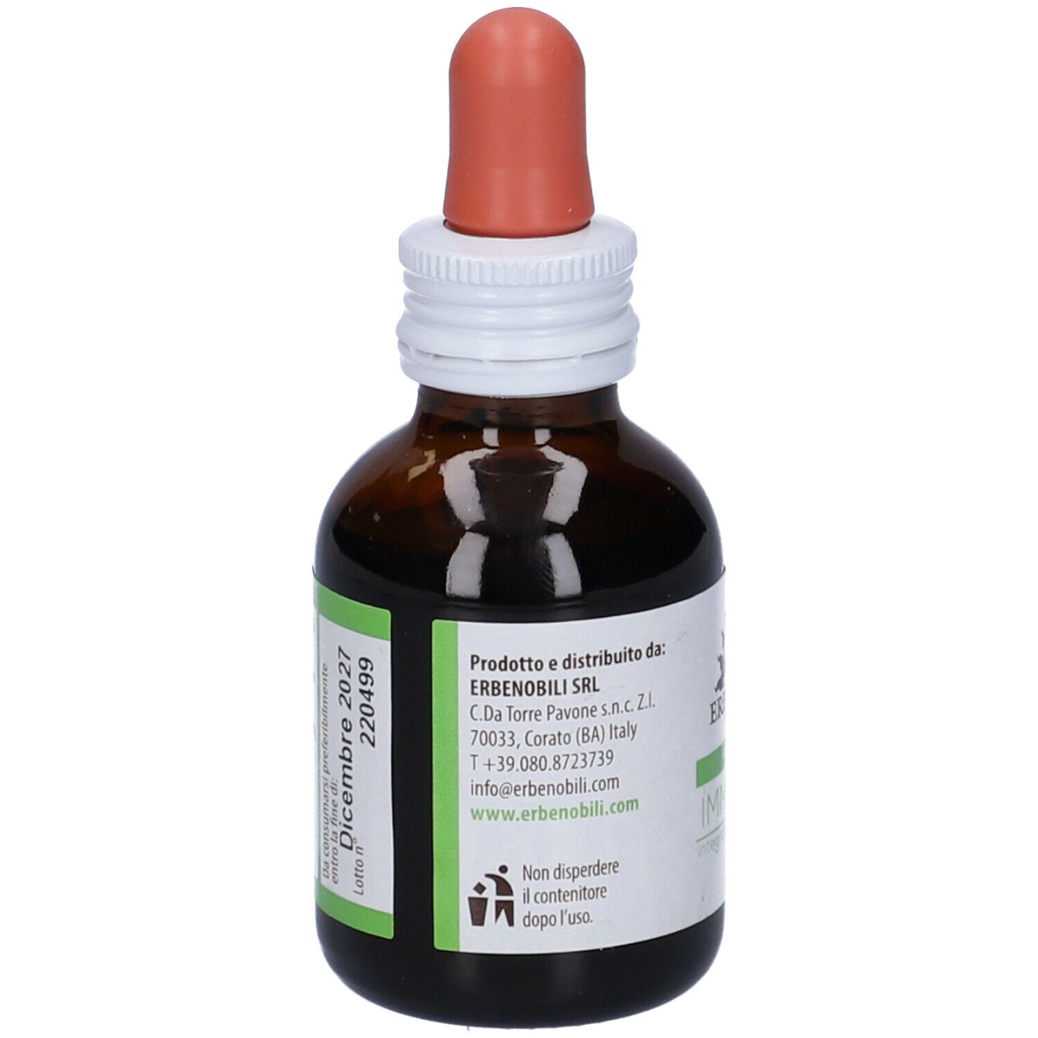 Flacone di vetro marrone con contagocce. Scritto: ImmunVin, Integratore alimentare. Marchio: Erbenobili. Con etichetta.