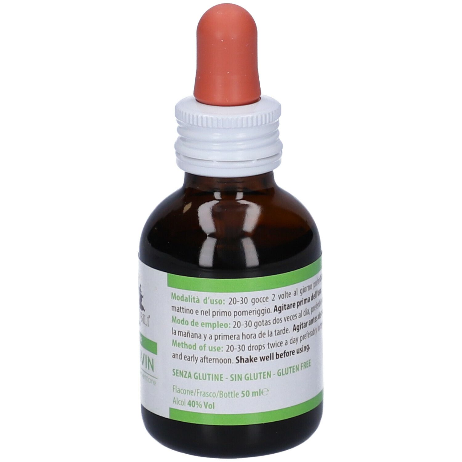 Flacone di vetro marrone con contagocce. Scritto: ImmunVin, Integratore alimentare. Marchio: Erbenobili. Con etichetta.